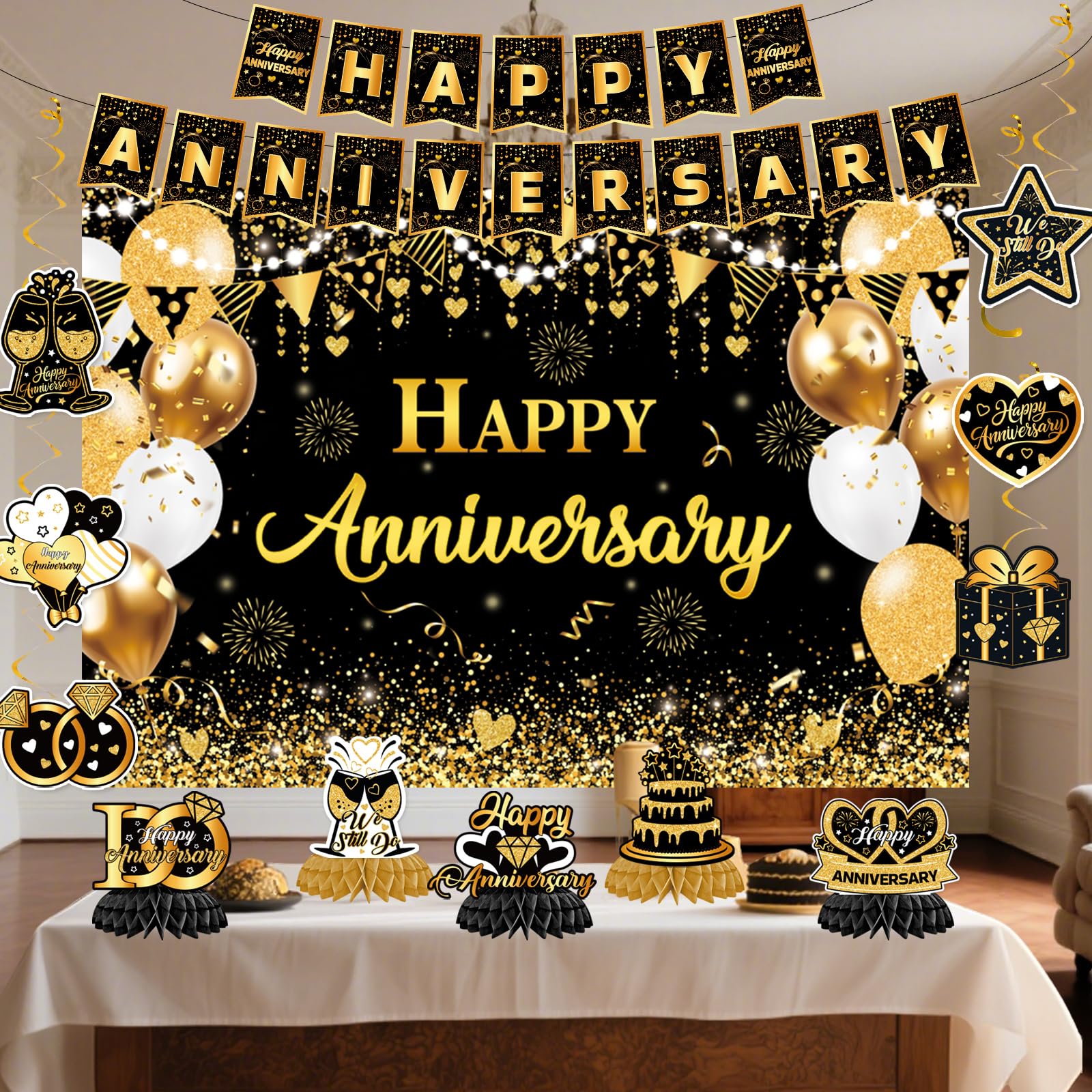 Happy Anniversary Decorations - Black Gold Wedding Party Decorations Kit, Happy Anniversary Banner, Backdrop, Hanging Swirls for Work Decorations (Black Gold)