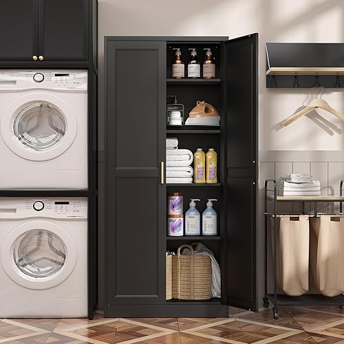 Miniatura 6 de Armario de despensa de cocina, armario de almacenamiento de metal negro de 71" con puertas y 4 estantes ajustables, gabinete de cocina con 2