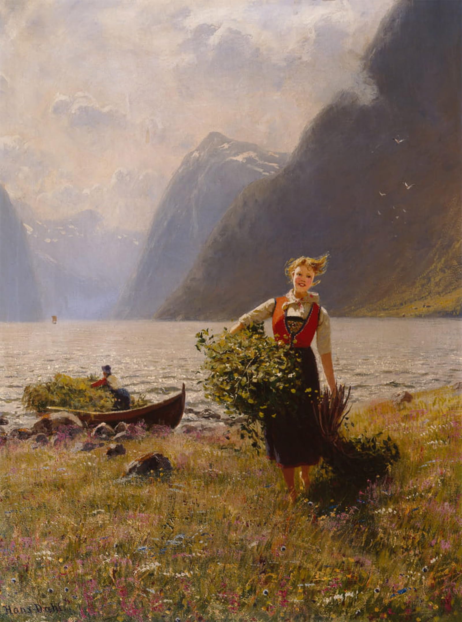 ARTXLXXBN Famous Painting Canvas Artwork Graffiti Print Dairymaid and Leaf Bunt by Hans Dahl Portrait Canvas Image for Home Decor 60x90cm