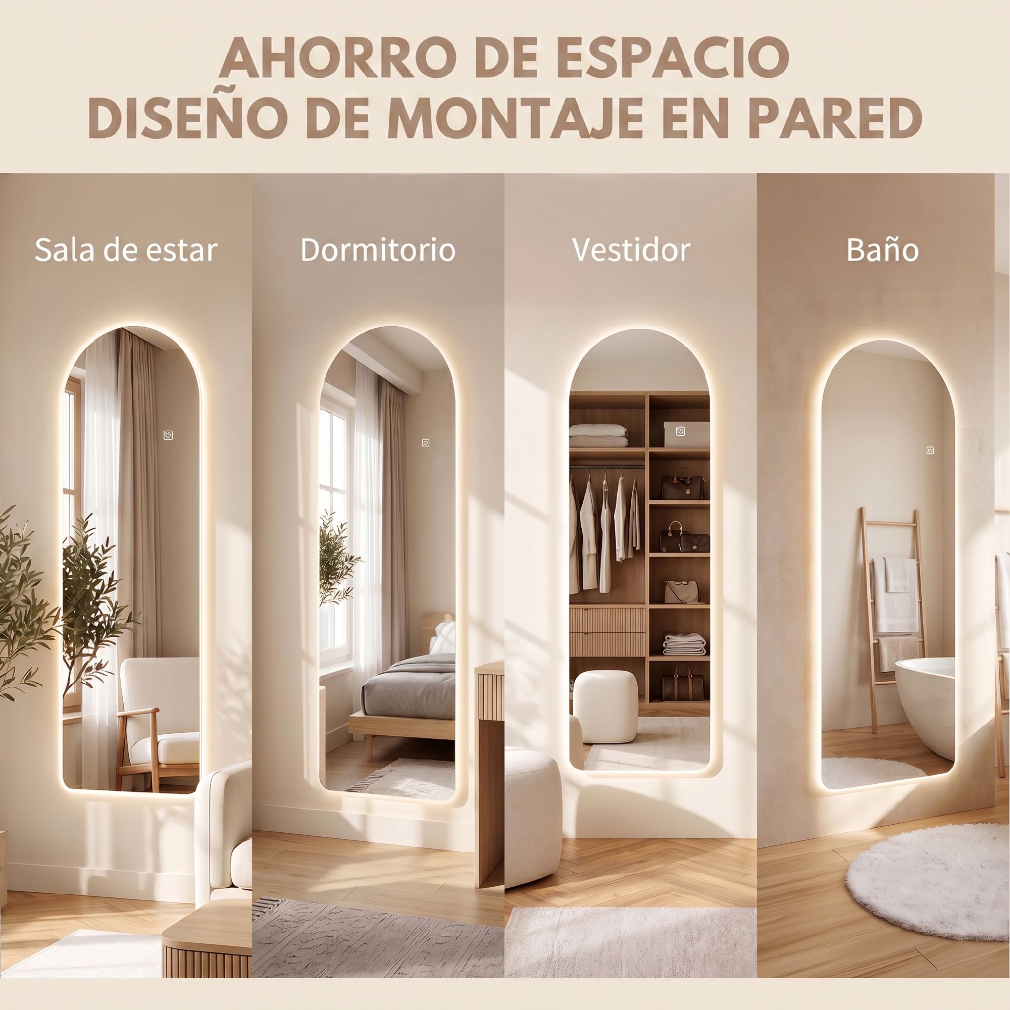 HOMCOM Espejo de Cuerpo Entero con Luces Sin Marco 120x40 cm Transparente | Espejo de Pared Arqueado, 3 Temperaturas de Color, Brillo Ajustable, Funcion Memoria, para Dormitorio, Salón