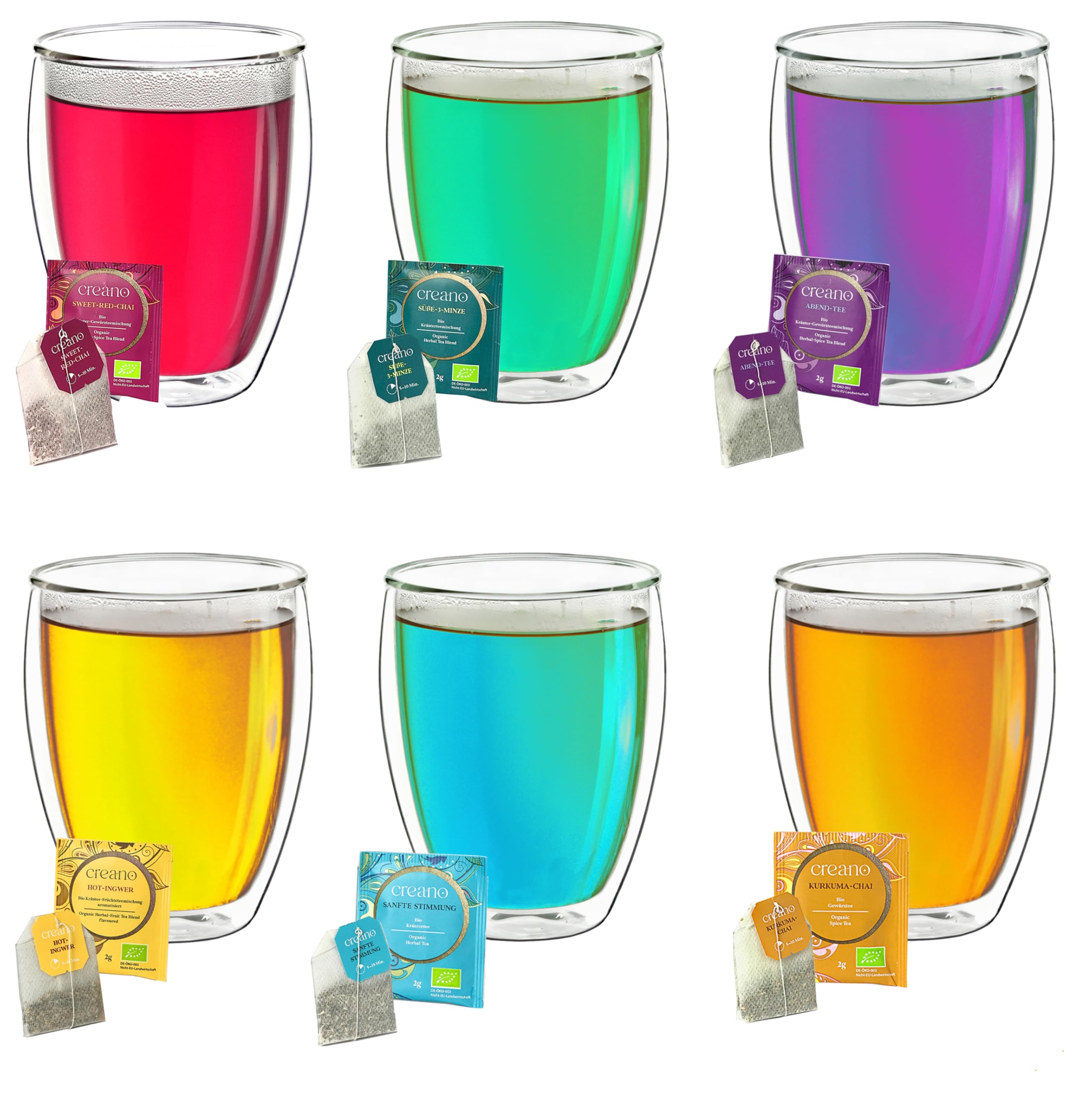 Creano doppelwandige Gläser 400ml „DG-Hoch“, 6er Set + 6x hochwertiger Kräutertee oder Früchtetee gratis