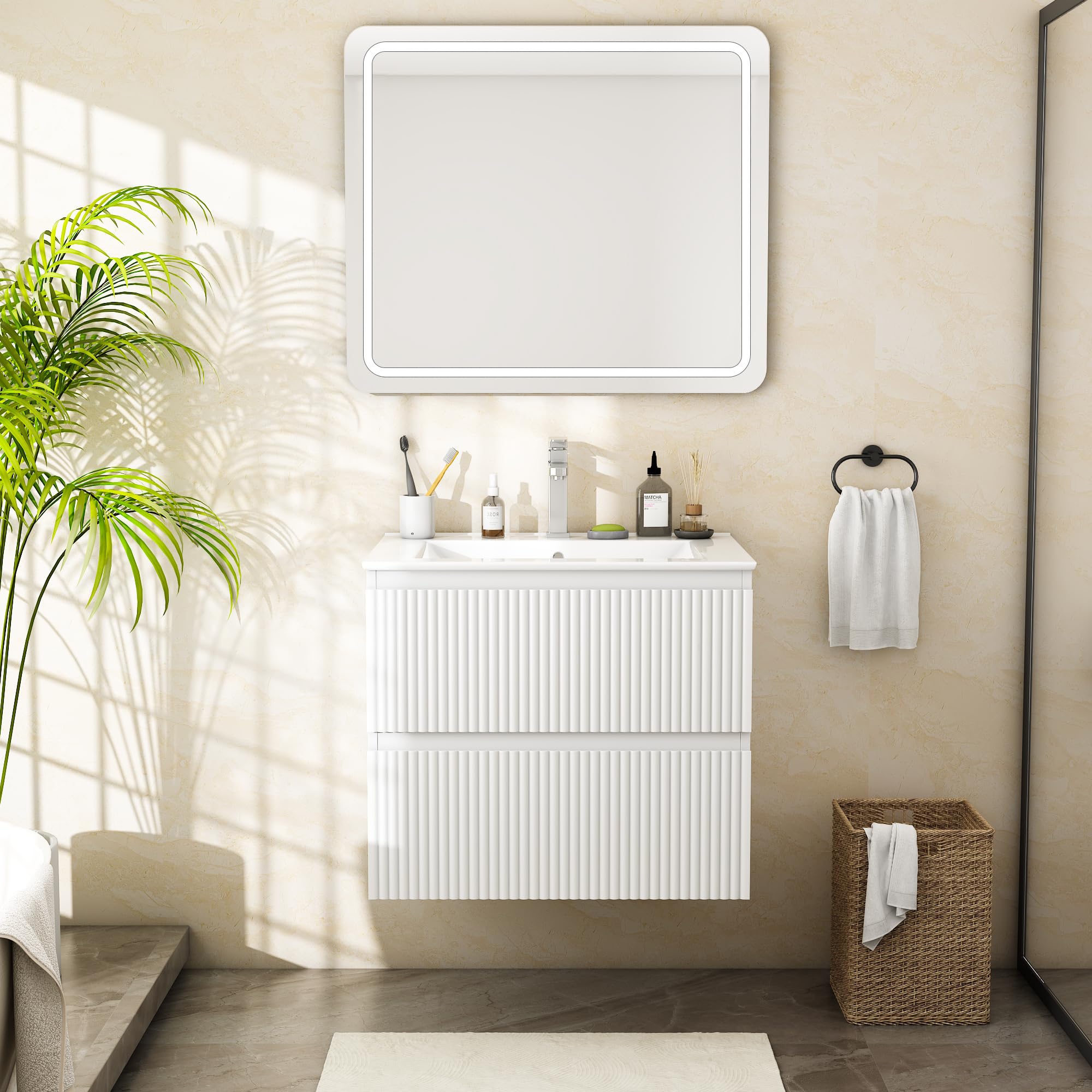 Mueble de Baño Suspendido 60 cm con Lavabo de Cerámica y 2 Cajones Profundos | Panel con Acabado Estriado Vertical, MDF E1 Antihúmedo, Blanco