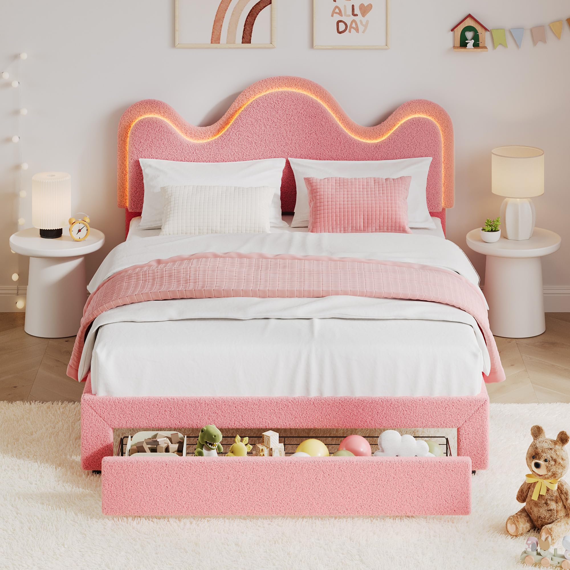 IDEALHOUSE Queen Bed Frame with LED Headboard and Under-Bed Drawer, Metal Upholstered Platform Bed with LED Light for Kids, Girls, Lamb Fleece Fabric,