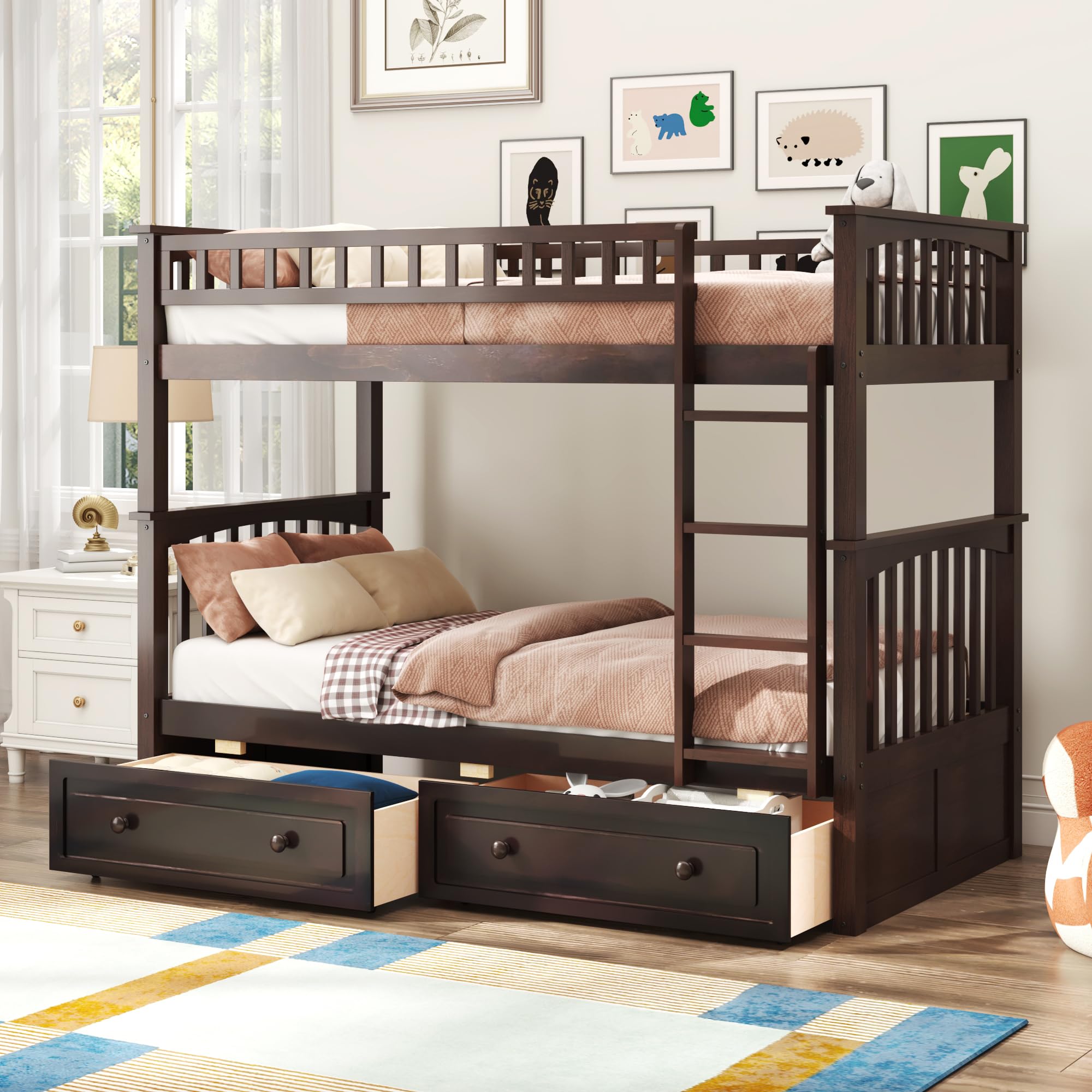 Harper & Bright Convertible Wood Twin-Over-Twin Bunk Bed with Storage Drawers and Ladder - Can Be Divided Into Two Daybeds,Espresso