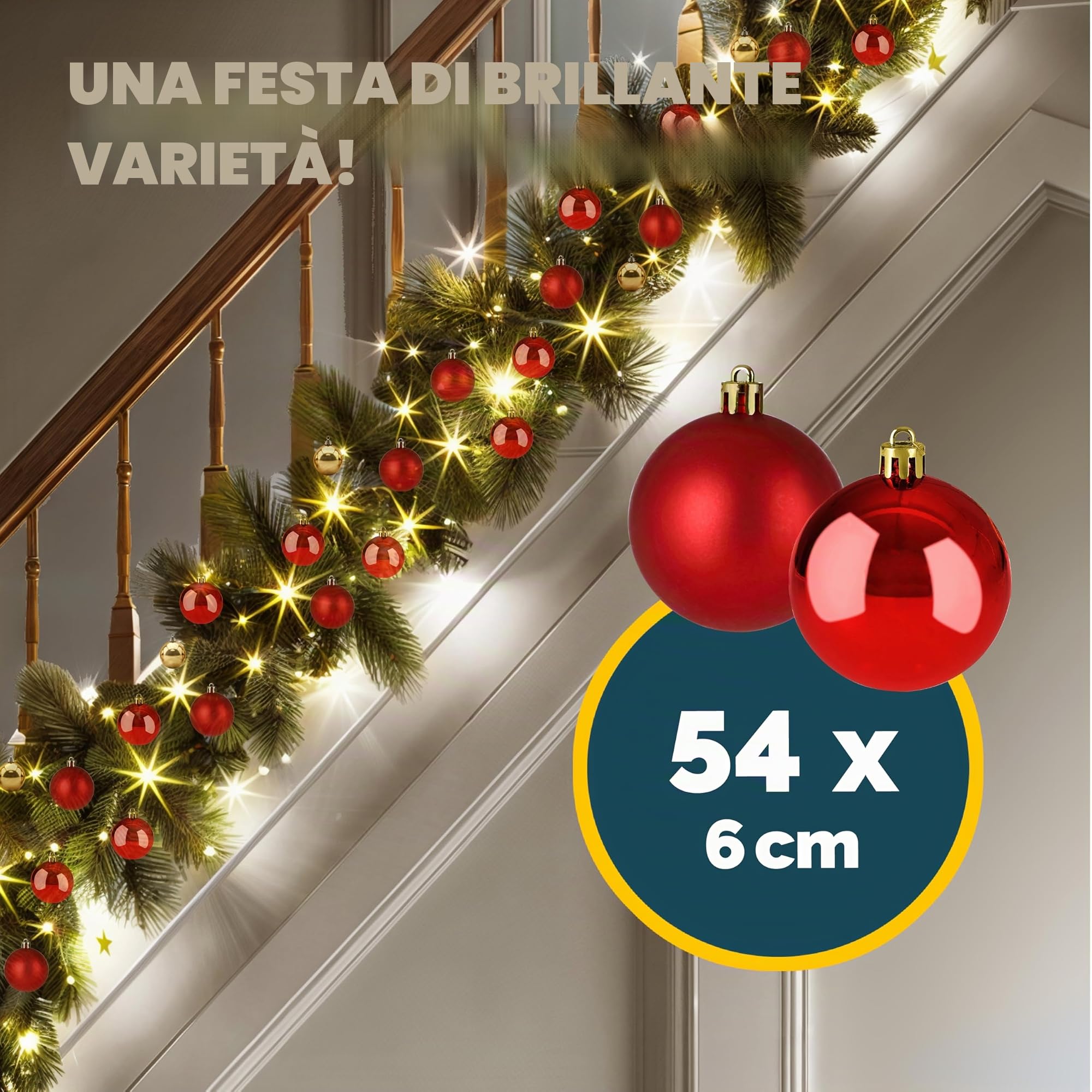 Deuba® Set Palline di Natale 54pz Ø 6cm in Plastica Decorazione Albero Addobbi Natalizi Feste Inverno Interno Esterno Rosso