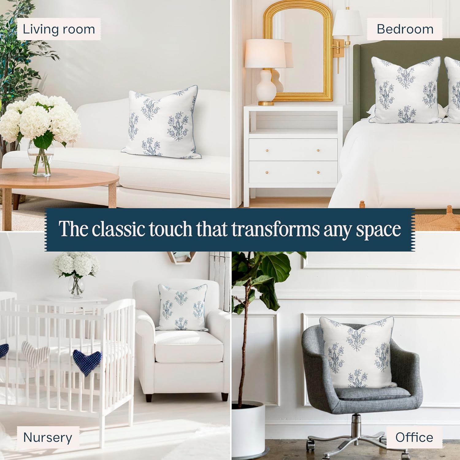 “The Mary” Periwinkle Floral Block Print Pillow Cover – Blue and White Decorative Throw Pillow Cover – Grandmillennial Home Decor, 24" x 24"