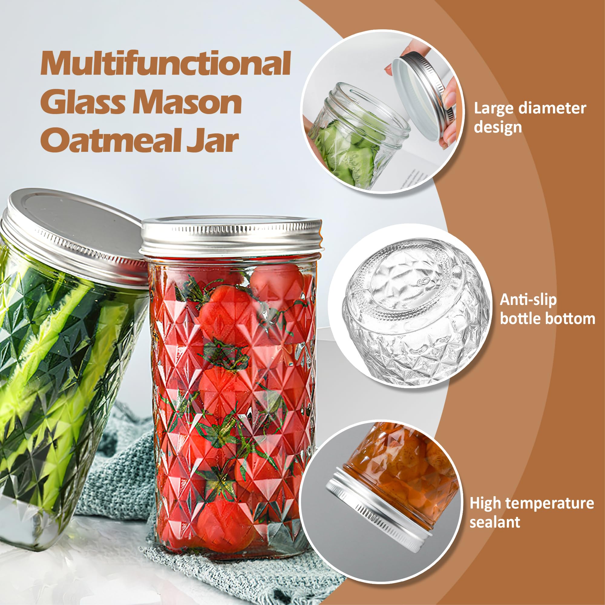 Confezione da 4 contenitori decorativi in vetro trasparente con coperchio ermetico, per insalata, avena, snack, yogurt, cereali, frutta, spezie, zucchero, caffè