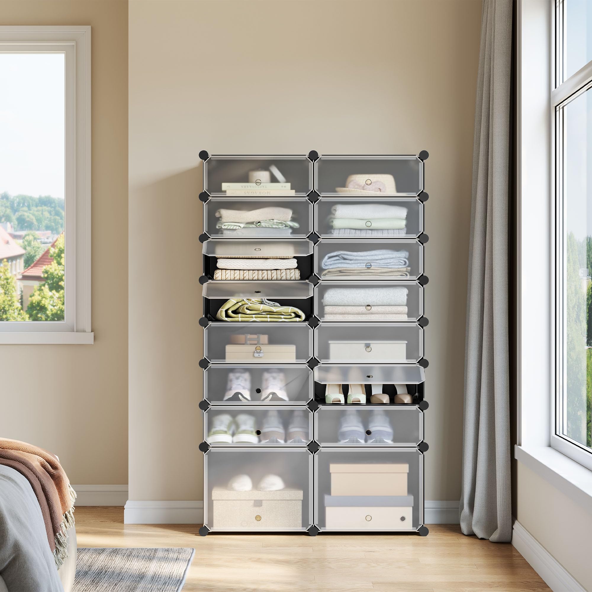 WOLTU Scarpiera, 2x8 Livelli per 32 Paia di Scarpe, Armadietto ad Incastro con Ante, Scaffale Portascarpe per Giochi, Pannelli in PP, con Mazzetta in Plastica, Nero+Bianco