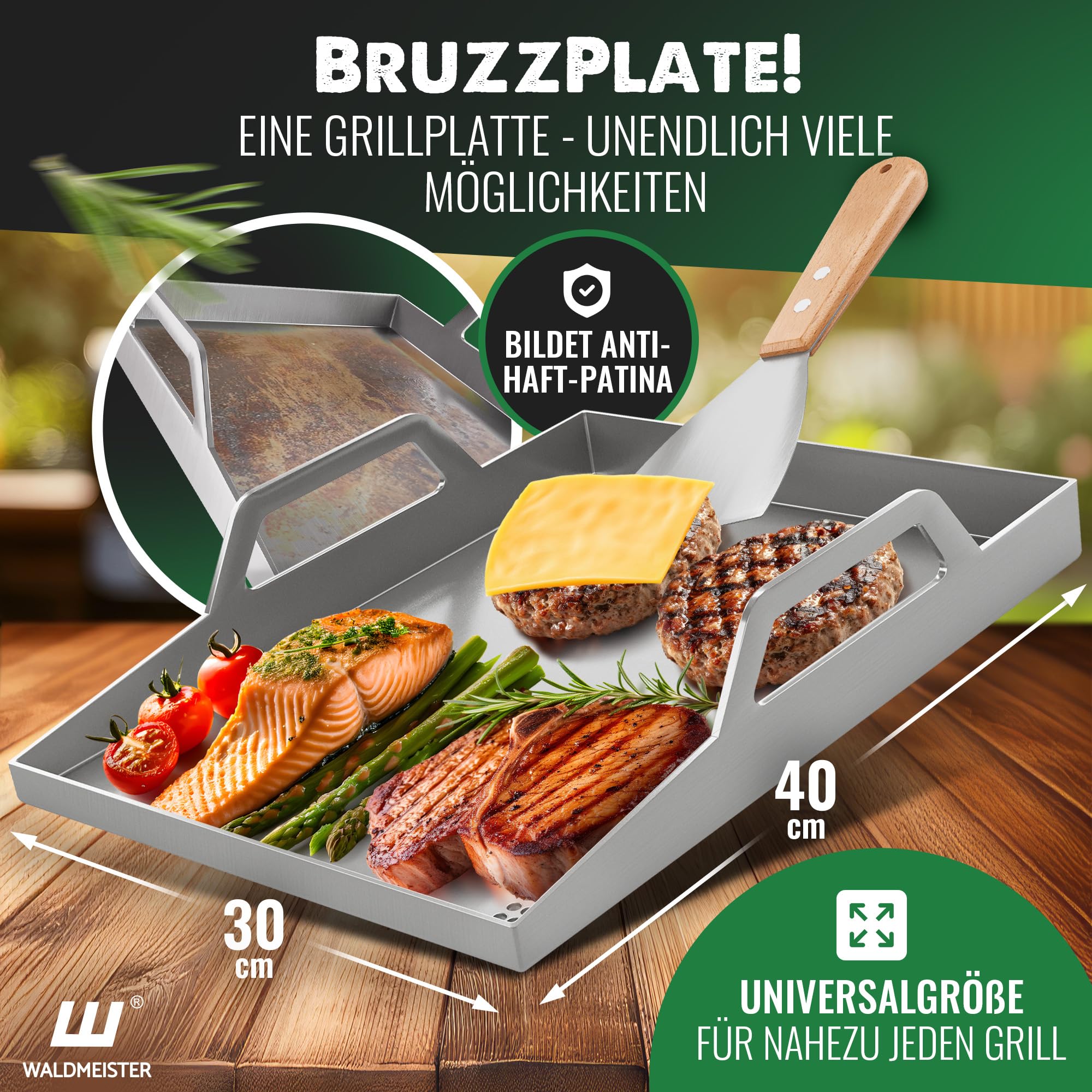 WALDMEISTER Plancha Grillplatte Edelstahl 40x30cm mit Griffen Deckel 2 Grillspachteln Gasgrill Grillzubehör