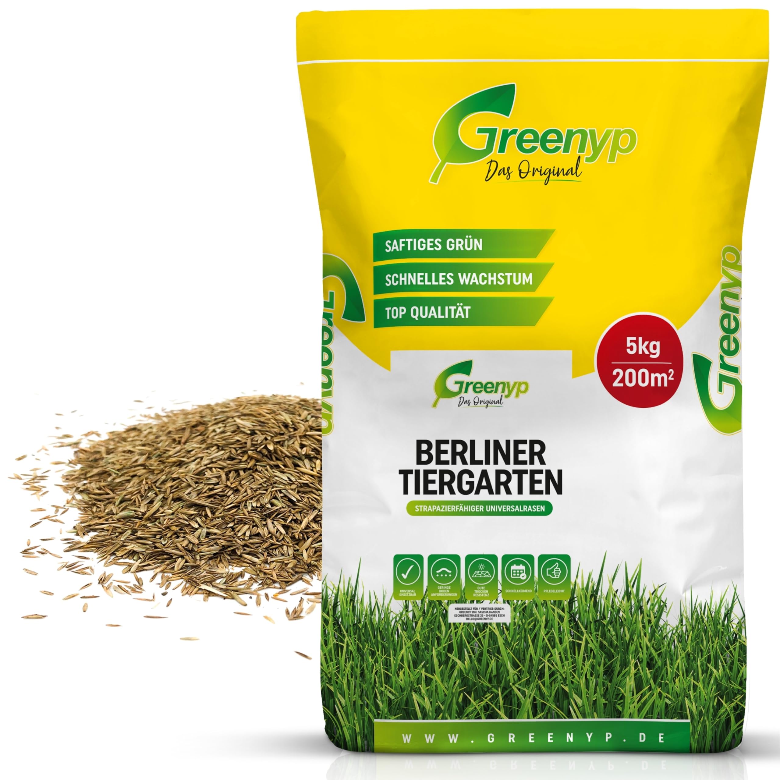5kg Rasensamen Berliner Tiergarten I Rasensamen schnellkeimend für 200m² I robuster Universalrasen Zierrasen Rasen Nachsaat I Greenyp Grassamen Rasensaat Gras - ideal als Neu- und Nachsaat.