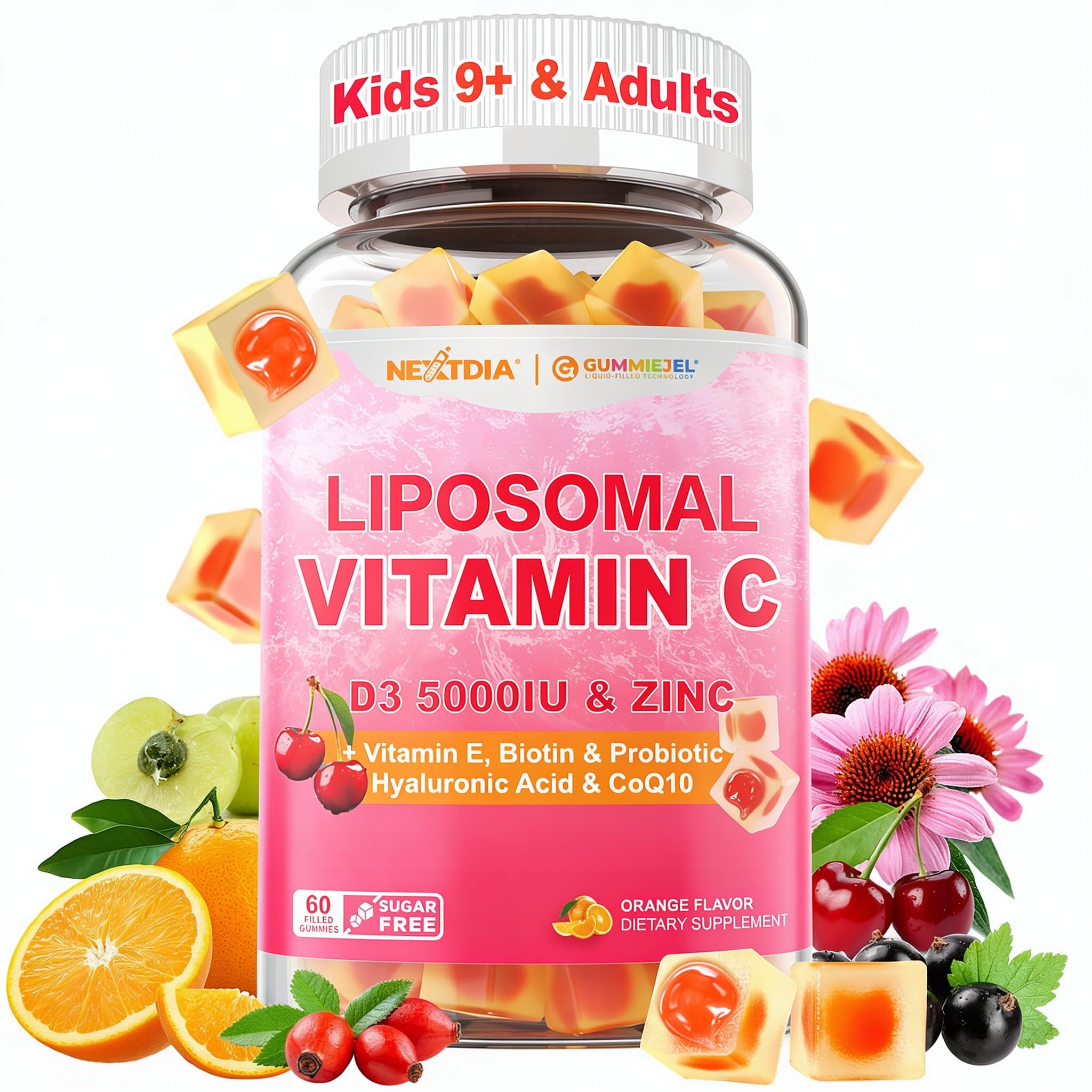 Liposomal Vitamin C 1000mg + D3 5000IU + Zinc Gummies for Kids/Teens 9+ & Adults, for Women, Elderberry for Immune, Folate, Hyaluronic Acid, VE, for Beauty, Energy, Overall Health, Sugar Free Chewable 60 Count (Pack of 1)