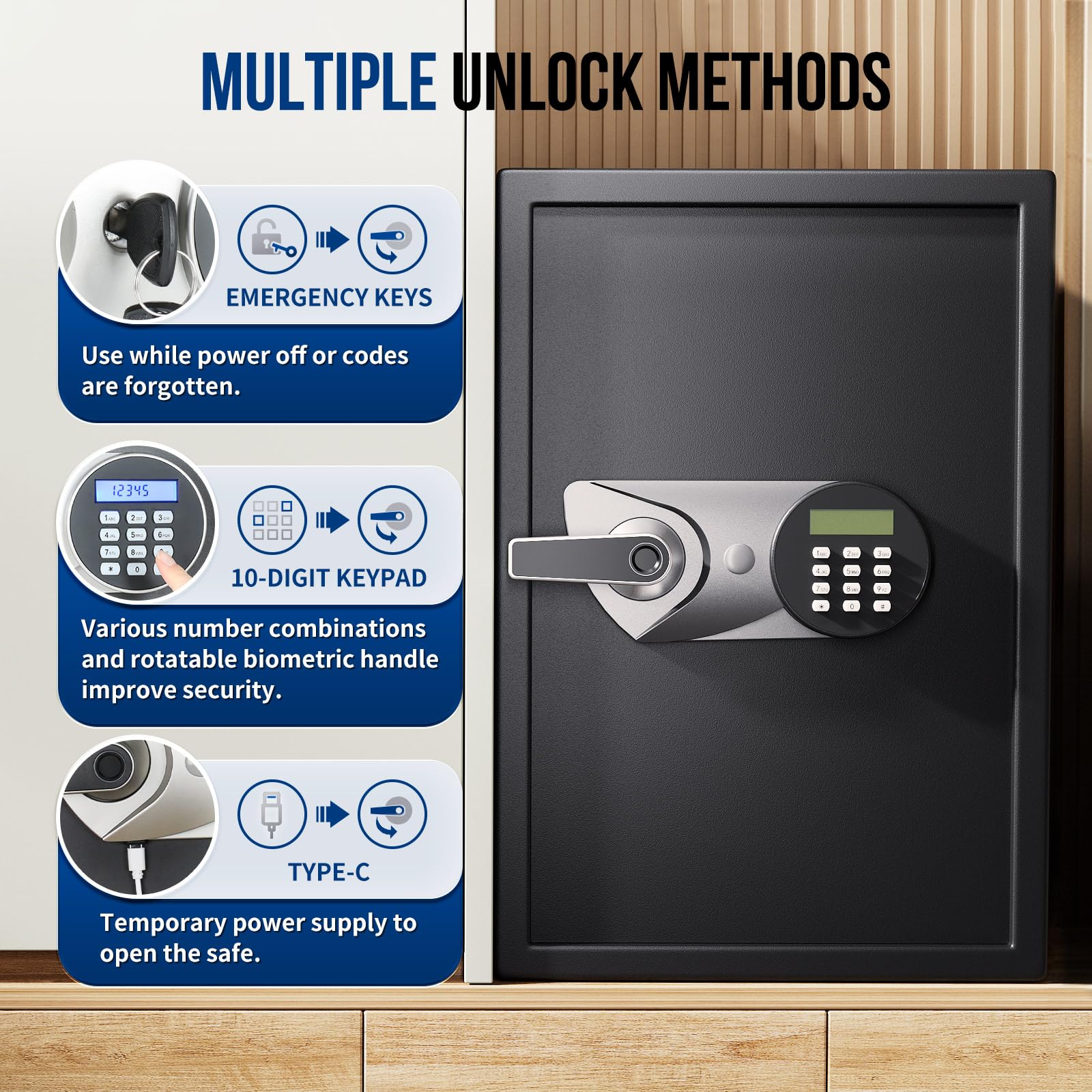 Cassaforte, BlackSmith Safe per la casa grande 35x31x50 cm, cassaforte di sicurezza digitale con impronta digitale biometrica e doppio avviso, borsa ignifuga, cassaforte da parete per ufficio hotel