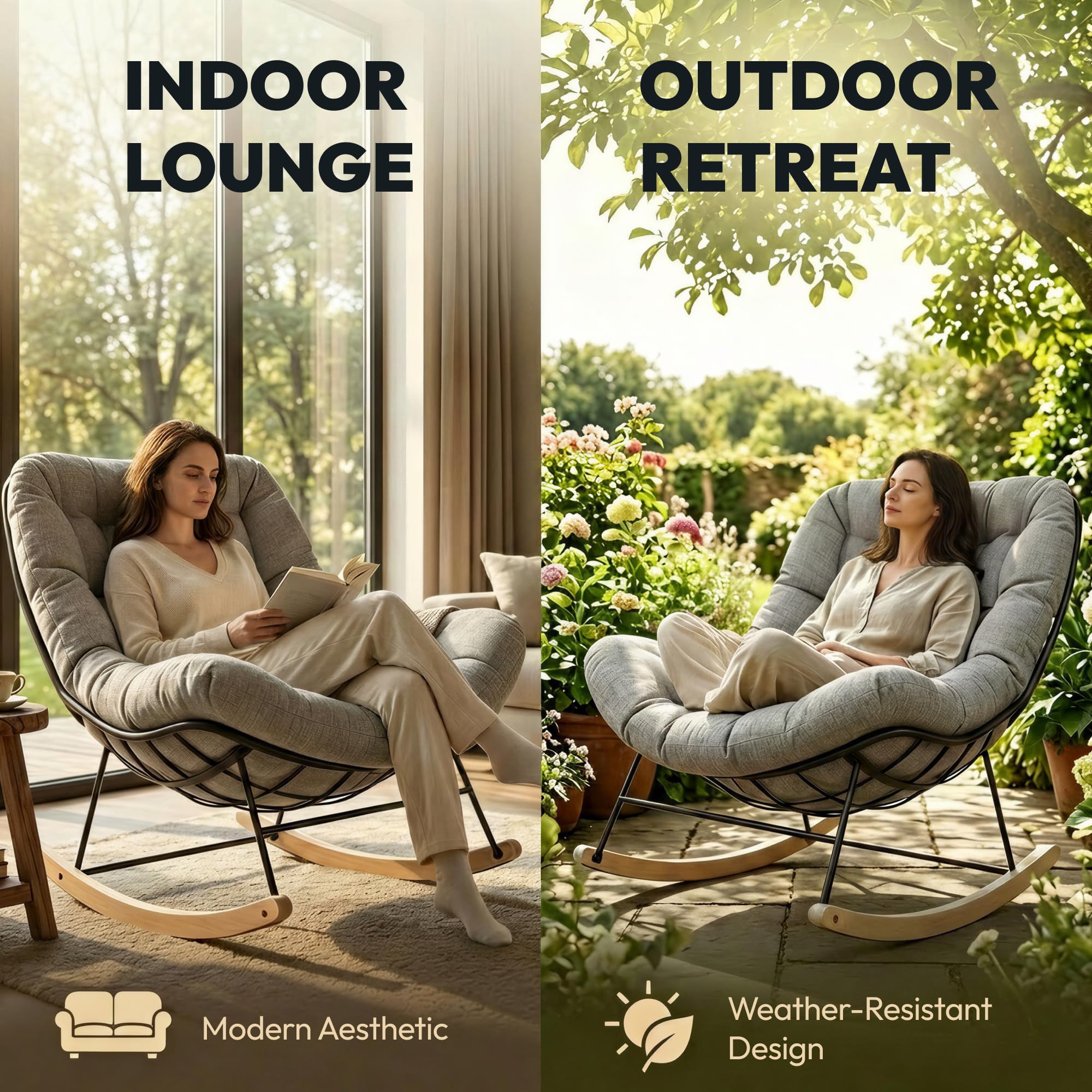 SANODESK Schaukelstuhl Outdoor für Balkon & Garten, gemütlicher Relaxsessel mit sanfter Schaukelbewegung, Loungesessel mit Kissen, bis 159 KG belastbar (Hellbraun)
