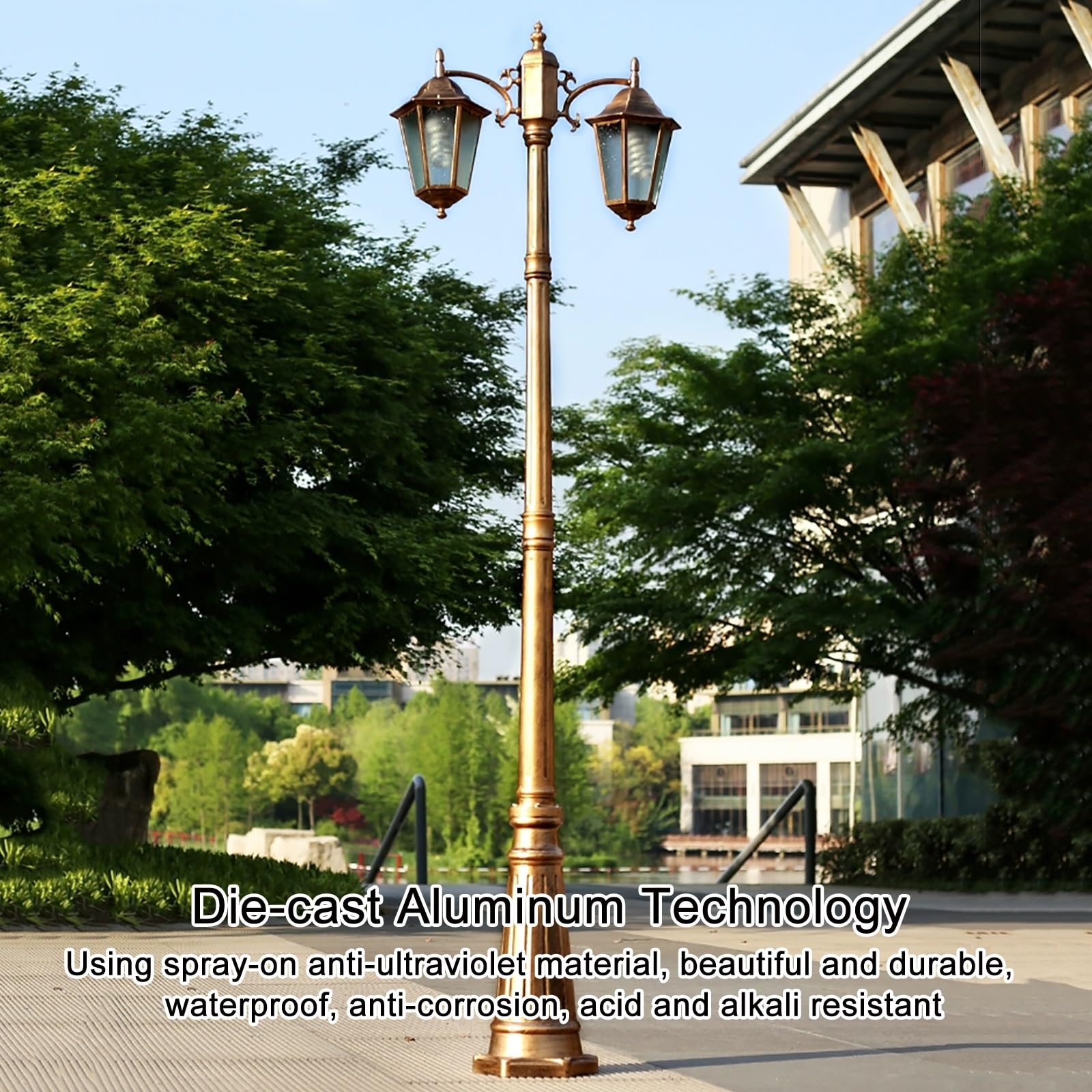 Lampa zewnętrzna, słup oświetlenia ulicznego na zewnątrz do oświetlenia oprawy z podwójną głowicą, odlewane aluminiowe słupki solarne lampy uliczne wodoodporne, idealne na podwórko, ganek