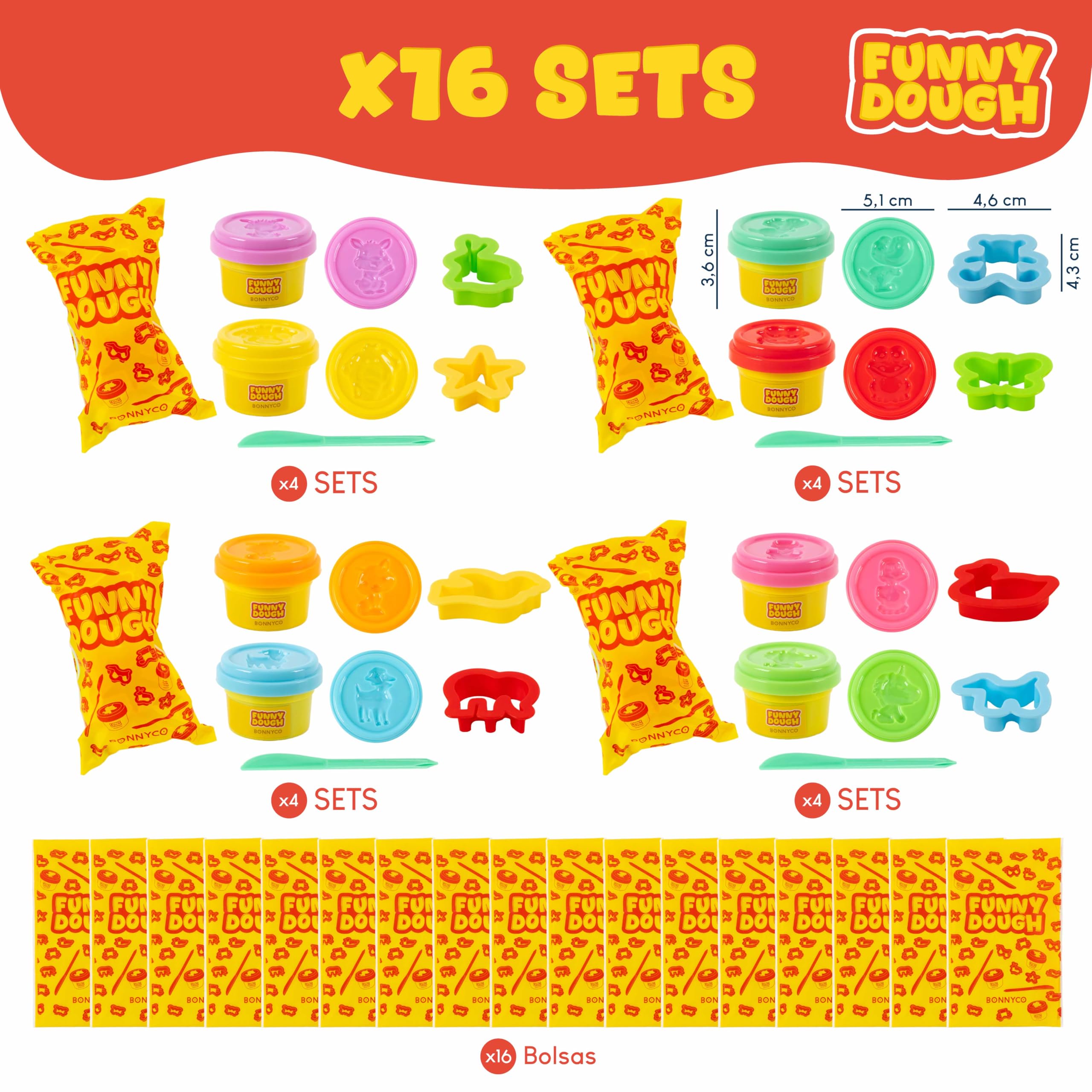 BONNYCO Set Plastilina con Moldes y Bolsas Sorpresa Pack 16 Regalos Cumpleaños Niños Colegio 3-9 Años. Detalles Alumnos Fin de Curso, Ideas Regalitos para Invitados, Relleno Piñata