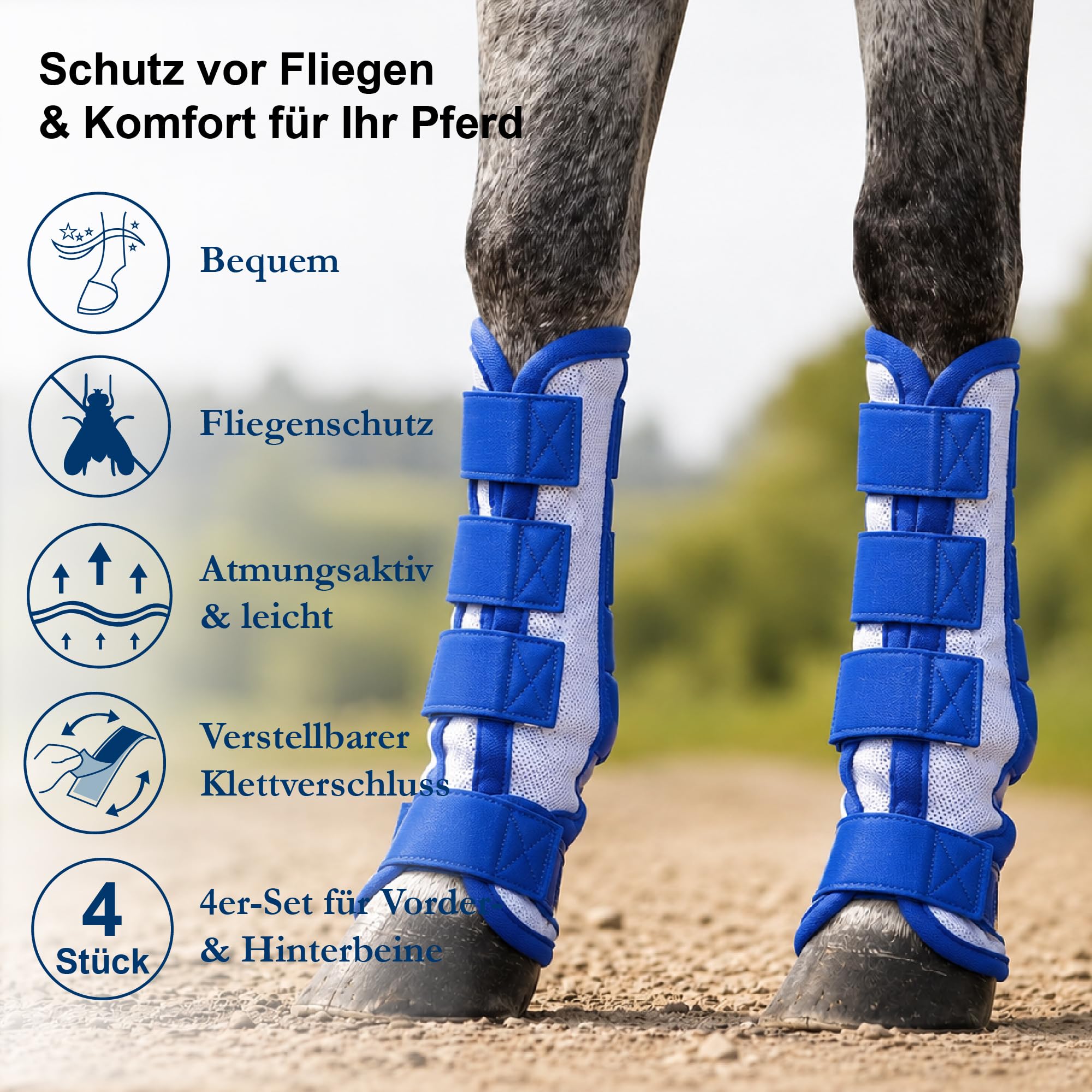Set di 4 ghette anti-mosche per cavallo, protezione efficace contro freni e zanzare, ghette in rete traspirante, regolabili con chiusura in , per zampe anteriori e posteriori