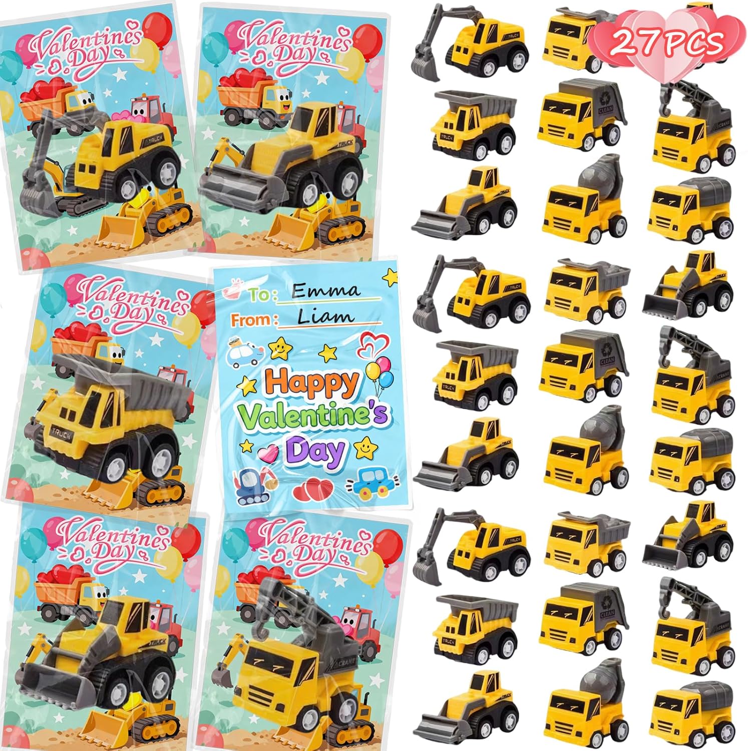 Easter Basket Stuffers for Kids School - 27PCS Valentine Gifts with Pull Back Cars Truck Vehicles Set for Boys Girls, Construction Toy for Class Party Favors, Potty Training Reward for Kid Classroom