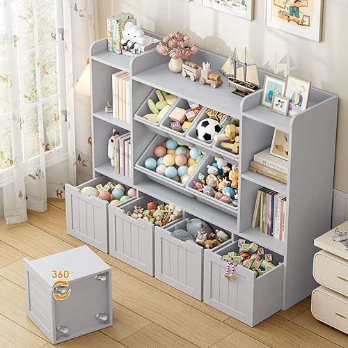 Miniatura 7 de FINETONES Organizador de almacenamiento de juguetes de 55.1'' con 6 contenedores de juguetes, organizador grande de juguetes estantería para libros