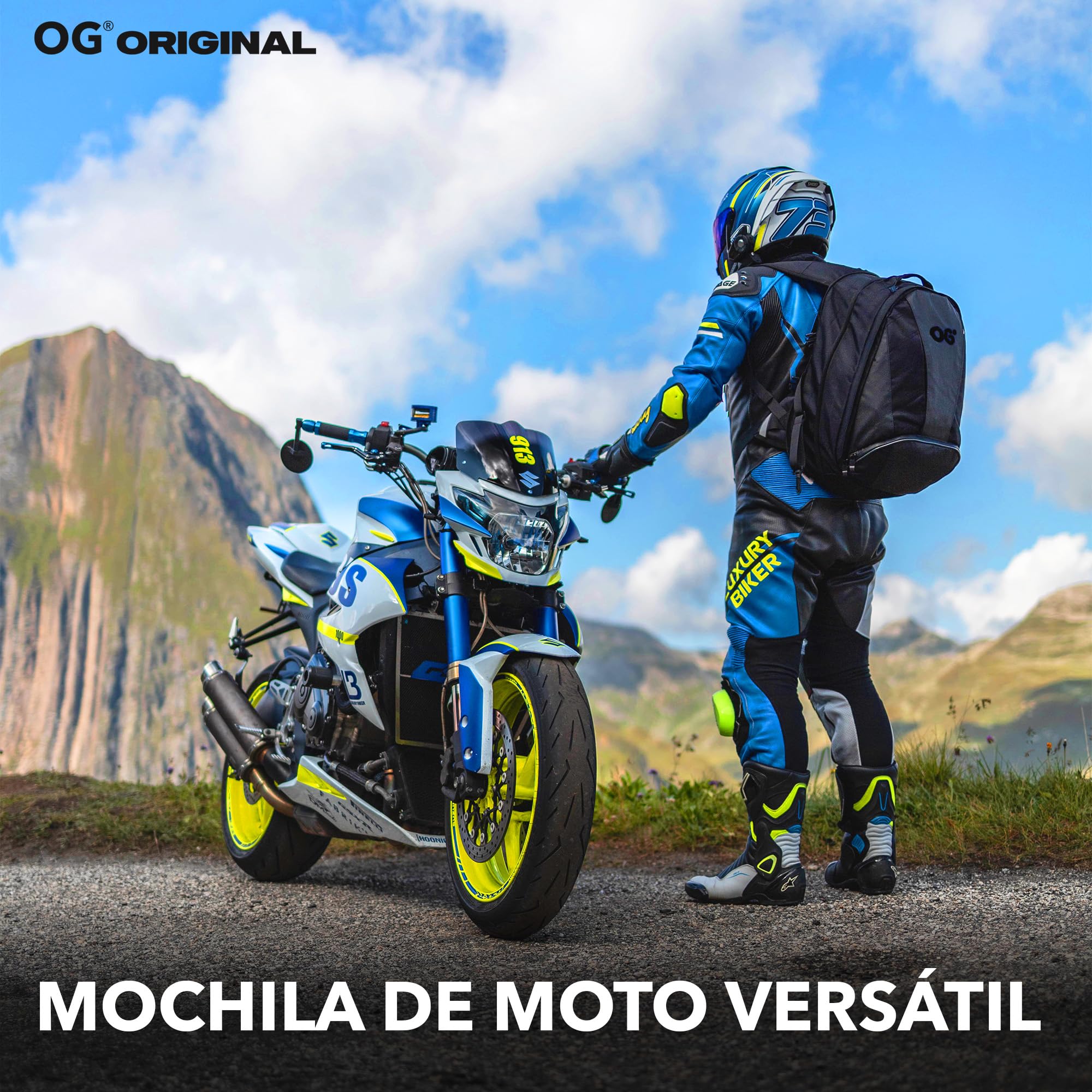 OG Original EZ-RiderPRO Mochila Moto Negra Expandible 28-35L, Bolsa Porta-Cascos Motorista, Correa Casco, Impermeable, Portátil, Reflectante