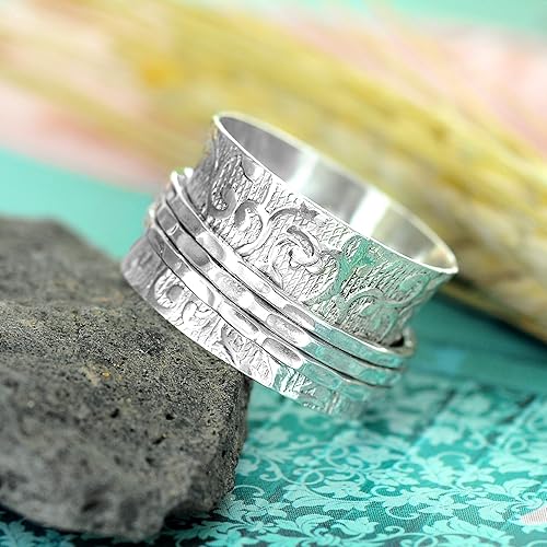 Miniatura 5 de Boho-Magic Anillo giratorio de plata de ley 925 para mujer, 3 anillos giratorios, meditación antiestrés para ansiedad, joyería gruesa de declaración