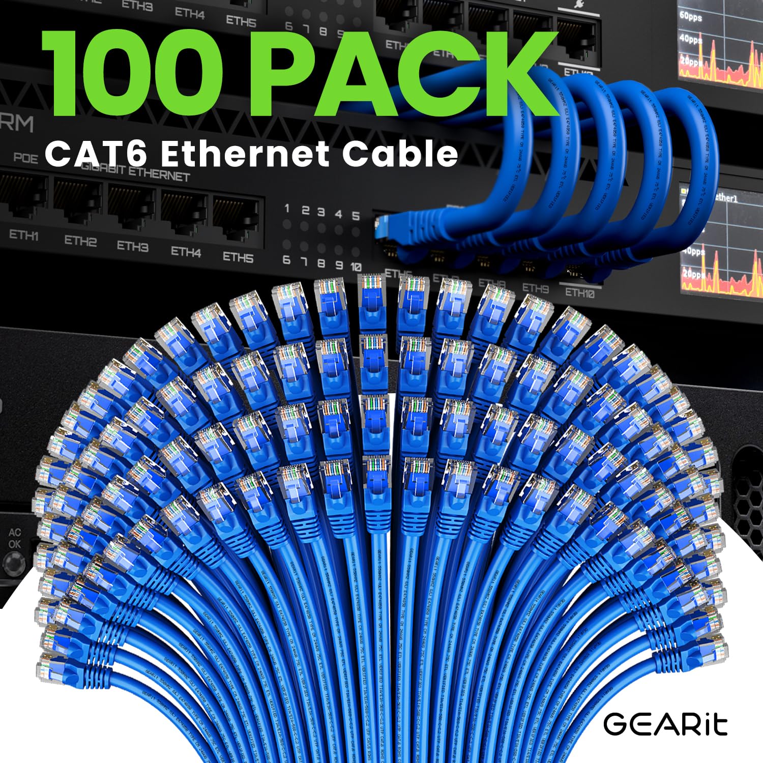 GEARit Cat 6 Ethernet Cable (100-Pack 3 Feet) Cat6 Network Patch, 10Gbps, RJ45, Snagless Cord, Gold-Plated Connectors, Internet for PC, TV, Tablet, Router, Printer, Servers, IT Data Center - Blue