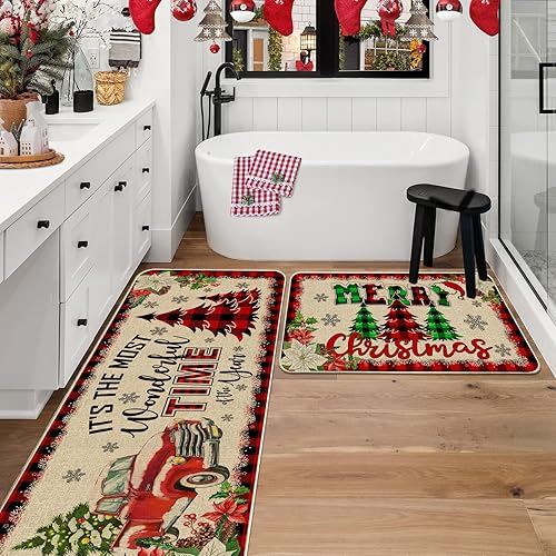 Miniatura 6 de Juego de 2 tapetes de cocina de Navidad, diseño de búfalo rojo, decoración navideña de cocina de camión para baño, piso, interior, hogar, 17 x 27 +