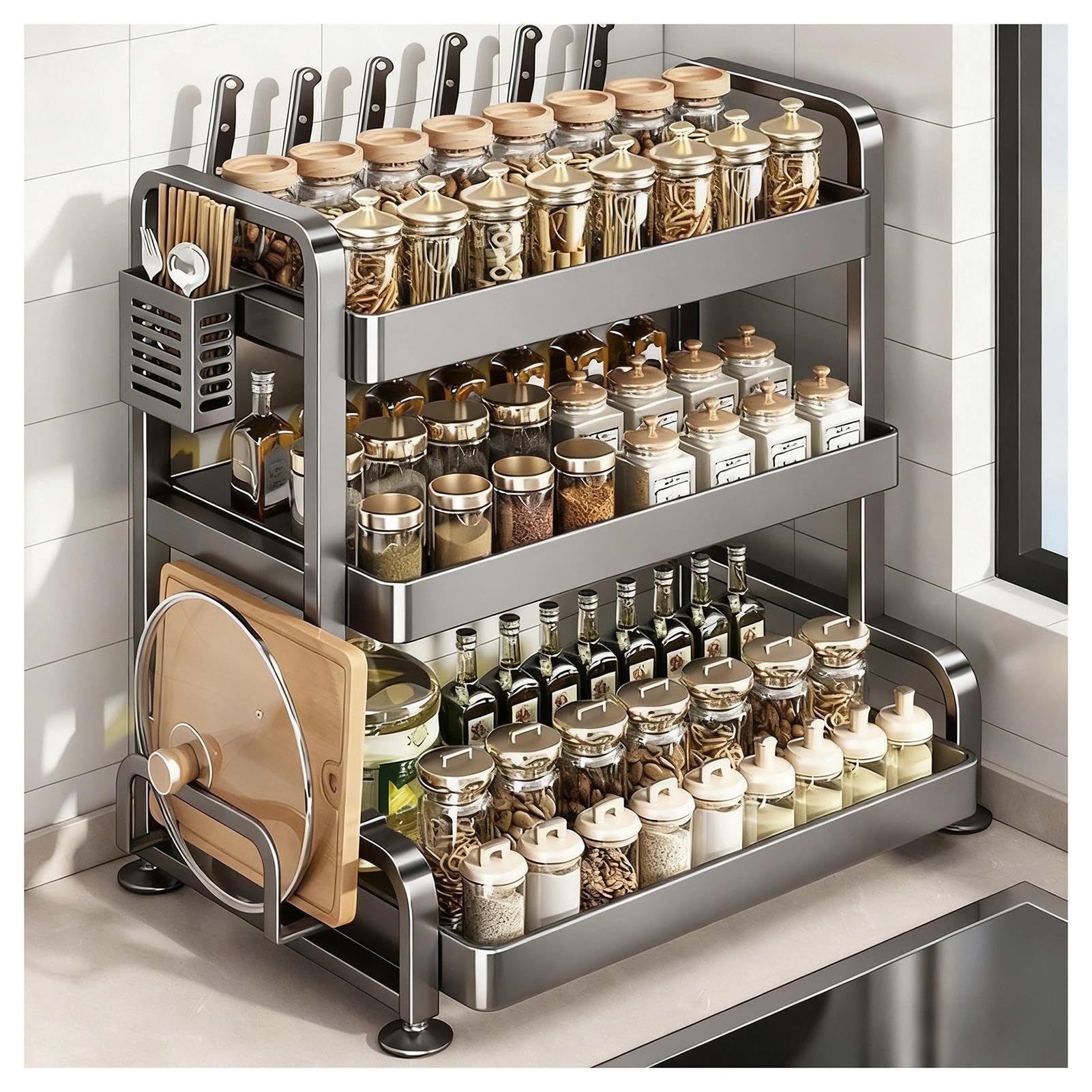HADECOLL Spice Rack Organizer With Hooks And Utensil Holders,Countertop Stand For Kitchen, Office, Living Room,3 Tier-13.7in