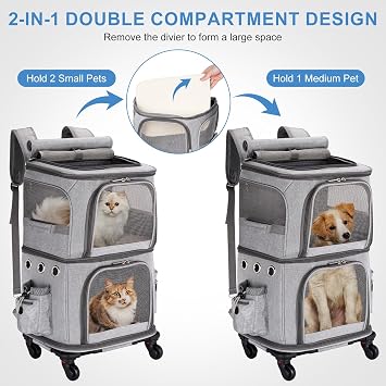 Double-Compartment Cat Carrier Backpack with Detachable Wheels, Foldable Dog Carrier Backpack,Pet Carrier Backpack for 2 Cats, Small Dogs, Grey, XL