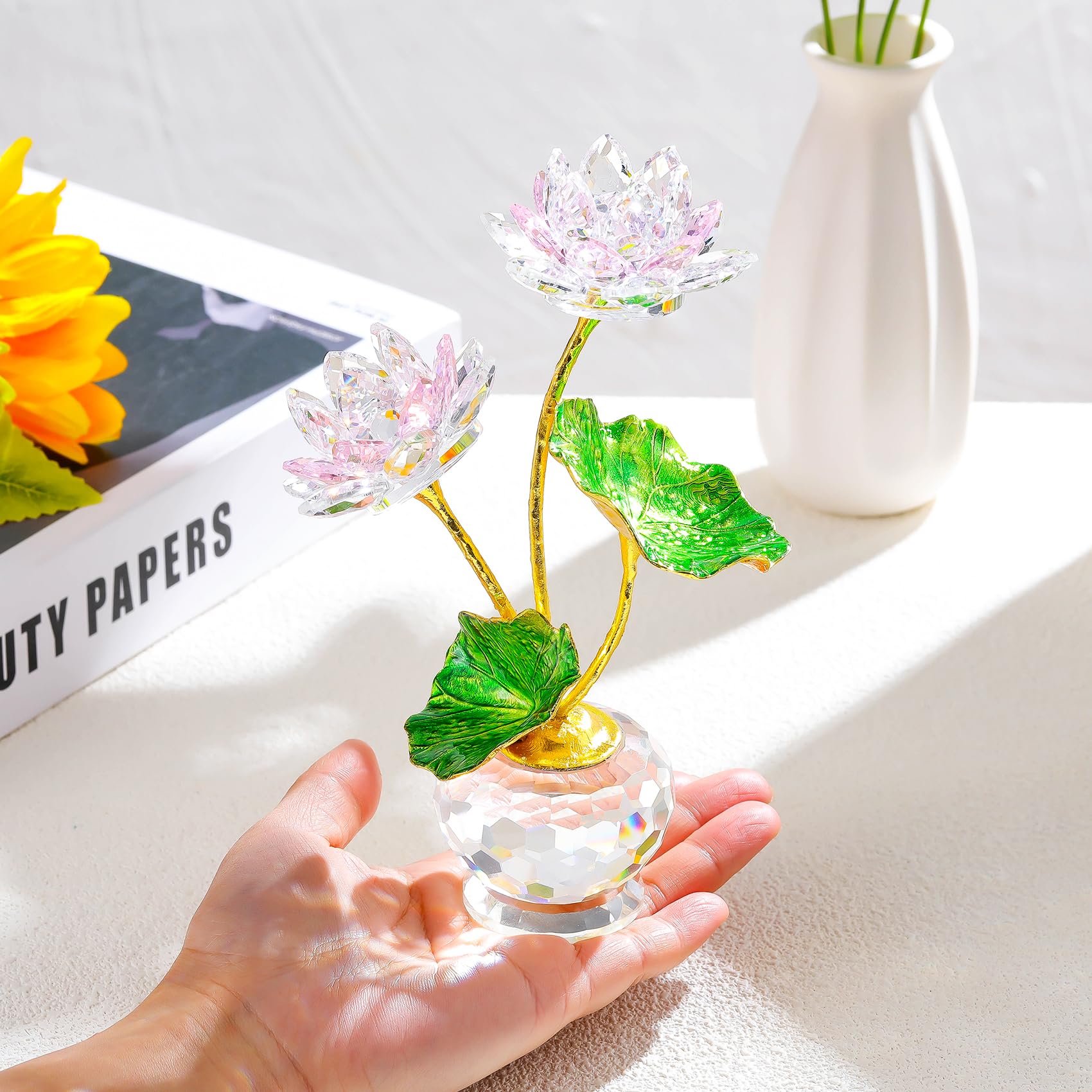 YWHL Pink Crystal Lotus Flower Figurine with Vase, Handmade Lotus Gifts Bouquet for Women on Birthday Christmas Mother's Day, Glass Lotus Flower Home Party Office Decor