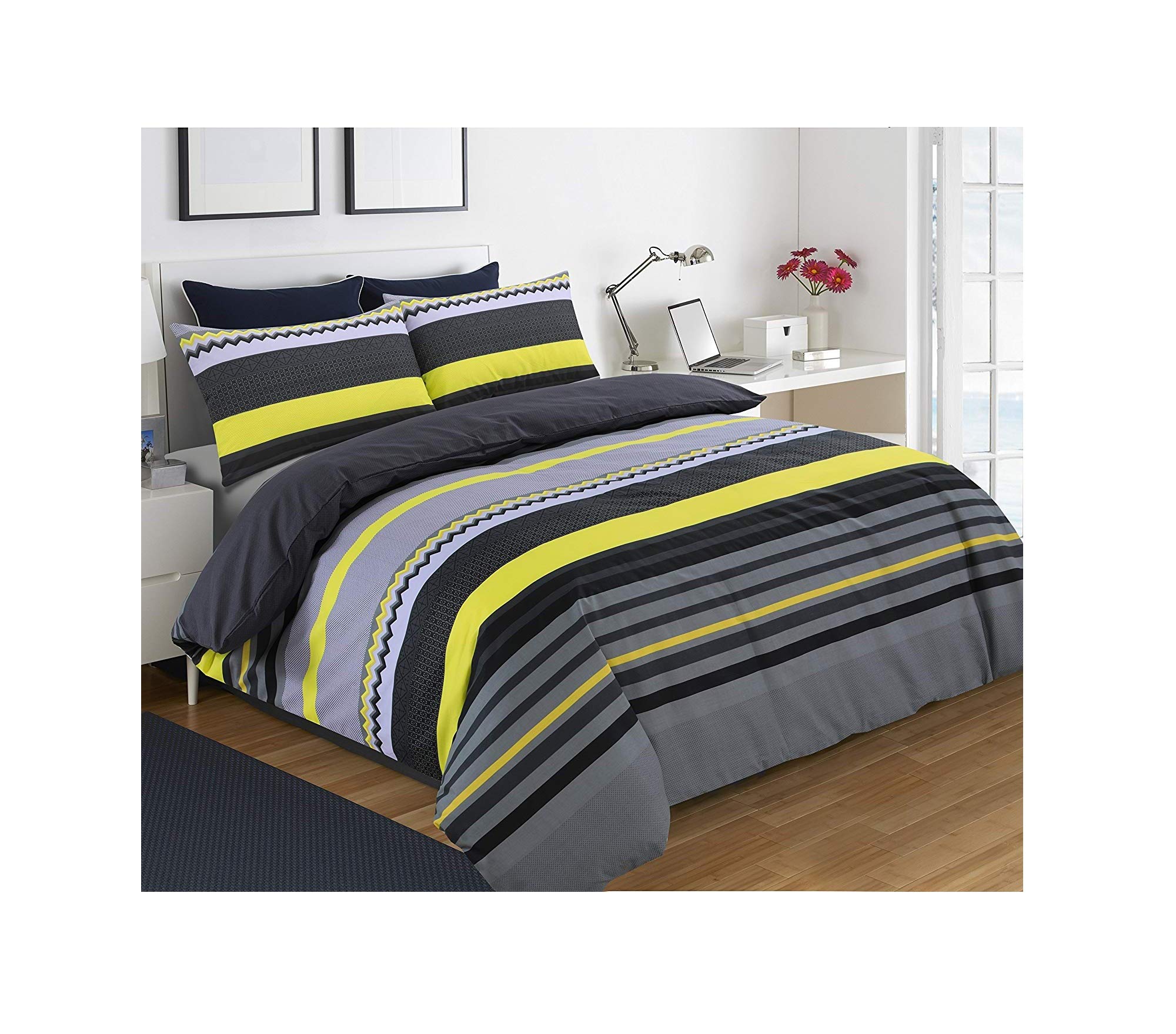Striped Black and Yellow Duvet Cover and Pillowcase Bedding Set Bed Linen Set (Single)