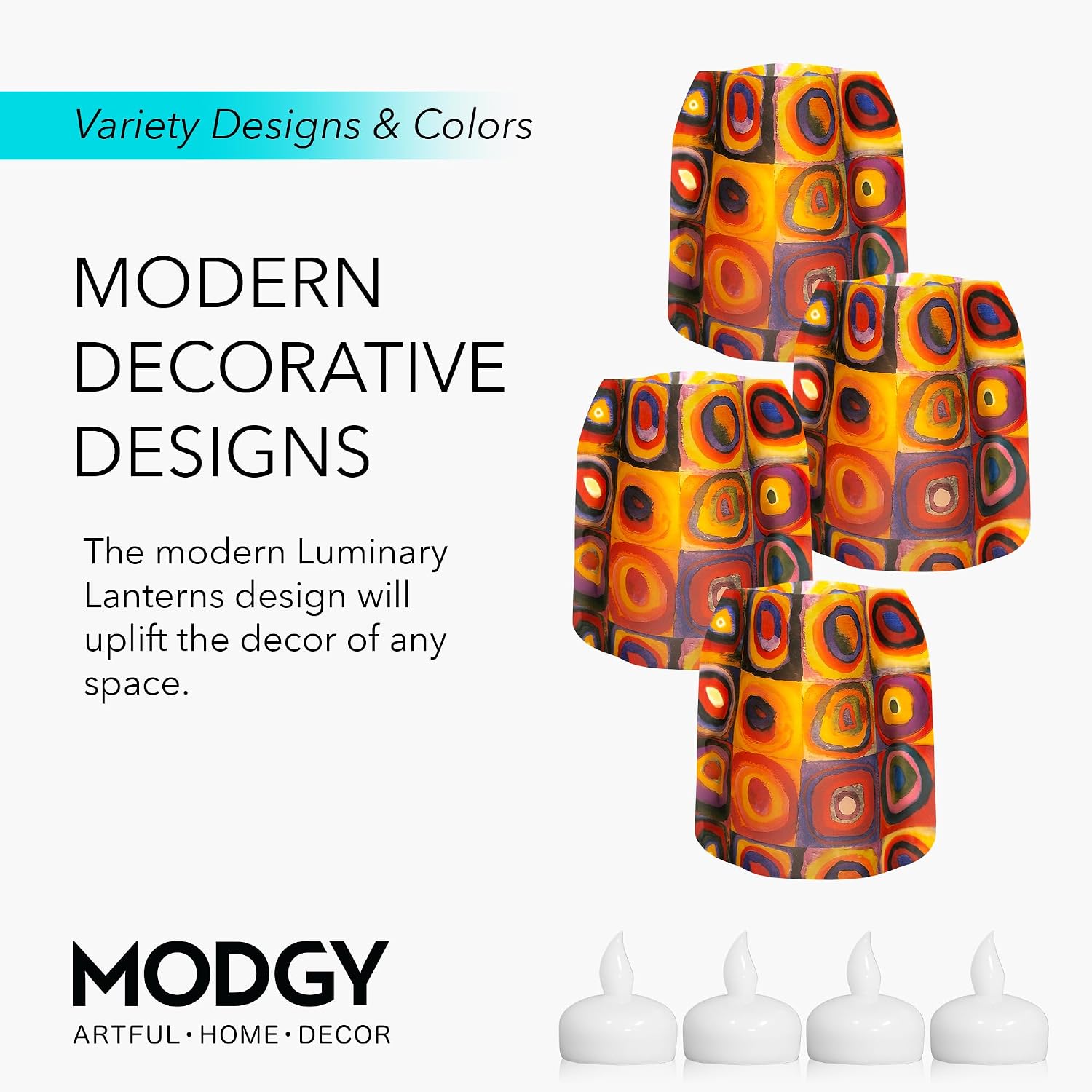 MODGY Luminary Lanterns Candle Holder Decorative Indoor Outdoor Decor, Lanterns for Wedding Centerpiece Decoration Outside Patio 4-Pack, with Flameless Floating LED Candles Kandinsky Circles