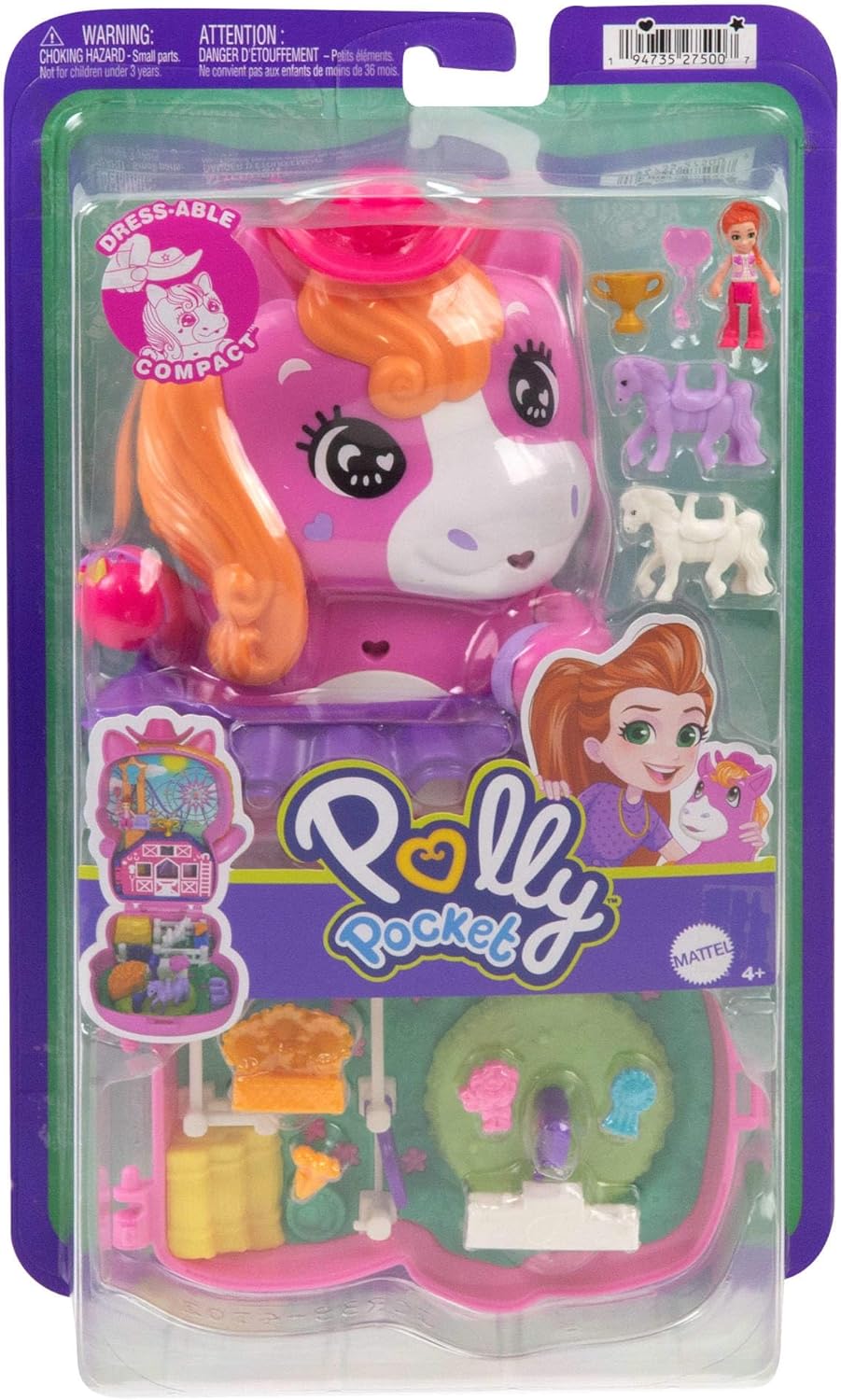 Polly Pocket Dolls and Playset, Pony Rodeo Compact, Travel Toy with 1 Micro Doll, Pet Horses, Food & Fashion Styling Accessories