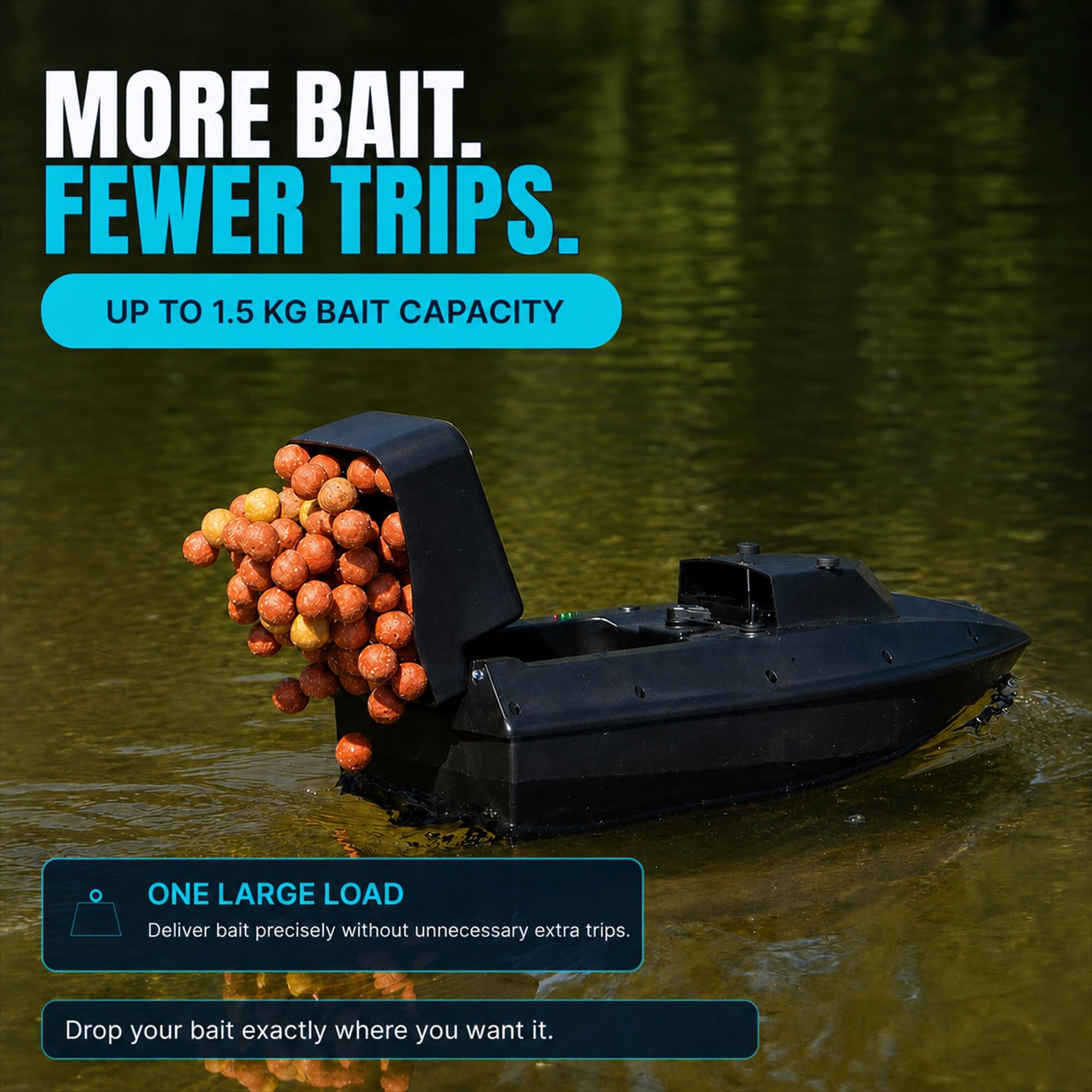 barca pasturatrice, barca con esca per la pesca alla carpa – Nuovo modello con Cruise Control, Capacità di carico 1,5 kg, portata 500 m, Tempo di navigazione 3 ore, illuminazione a LED