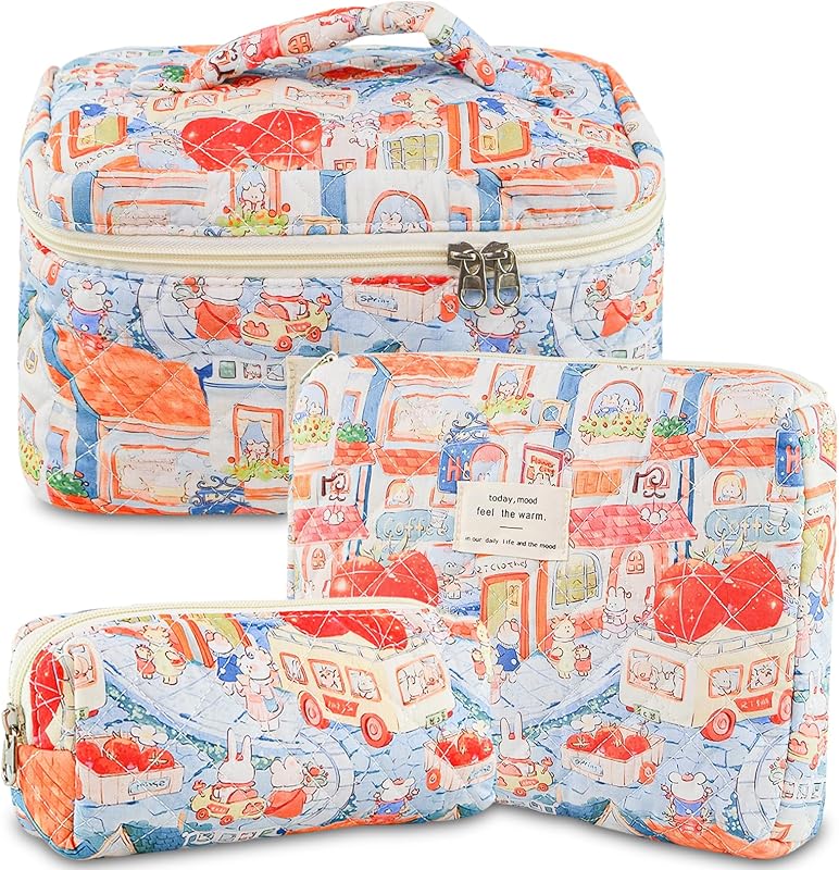 AMZMA Conjunto com 3 necessaires de maquiagem matelassê de algodão Cartoon Rabbit
