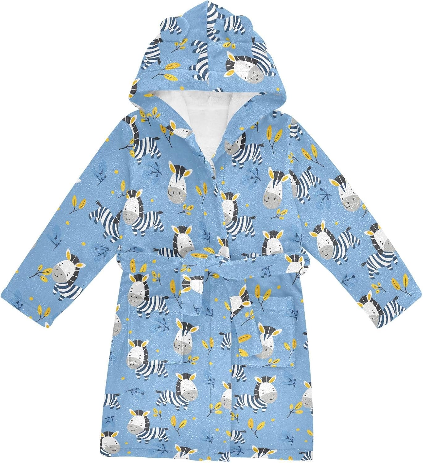senya Zebra on Blue Leaves Toddler Hooded Bathrobe Kids Soft Plush Bath Towel Robes for Boys Girls 2-12 Years