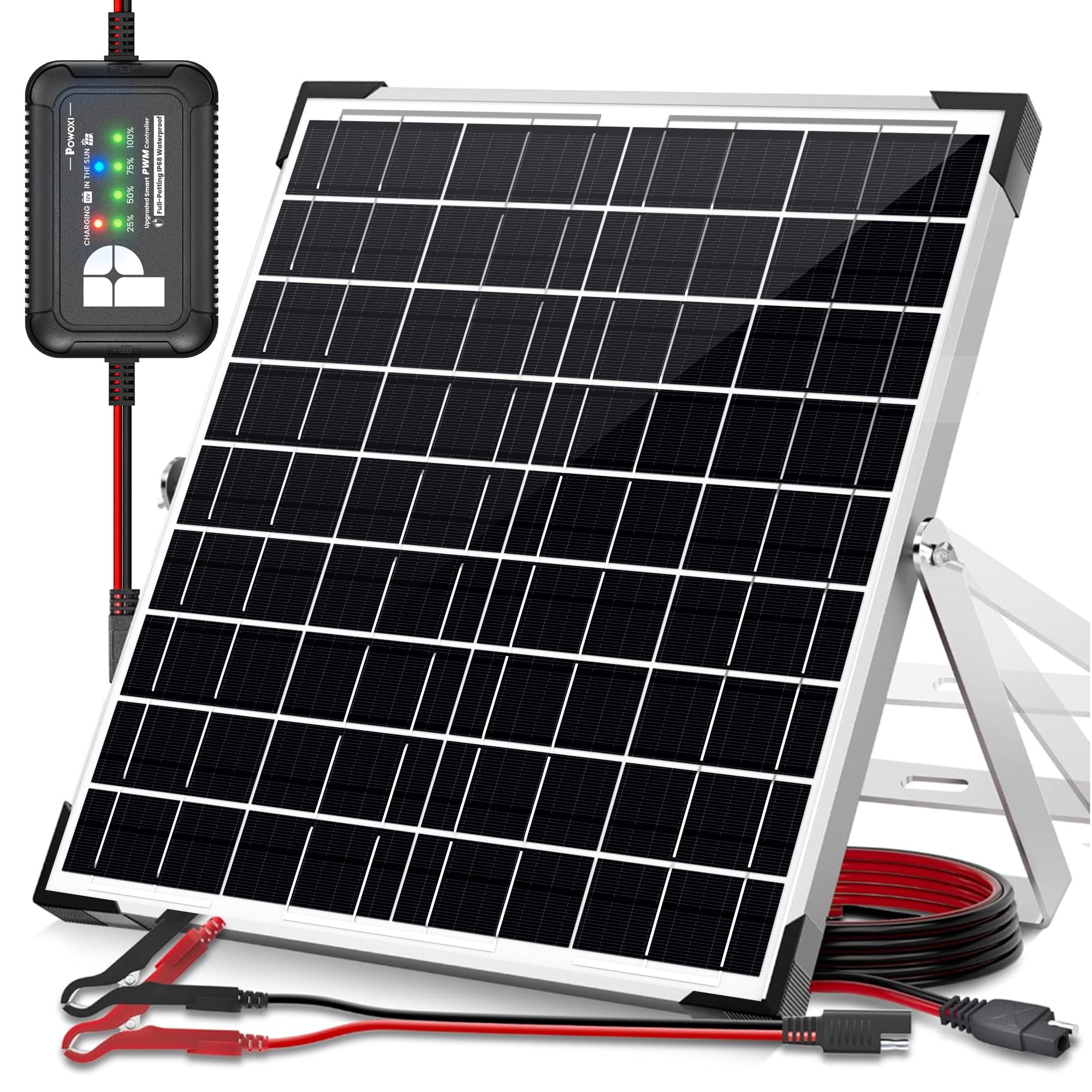 Powoxi 20W Solar Panel 20W 12V Solar Panel Kit, Monocrystalline Solar Battery Trickle Charger Maintainer + Upgrade 10A Smart Battery Protection Controller For Car, Rv, Boat, Caravan & Outdoor Use
