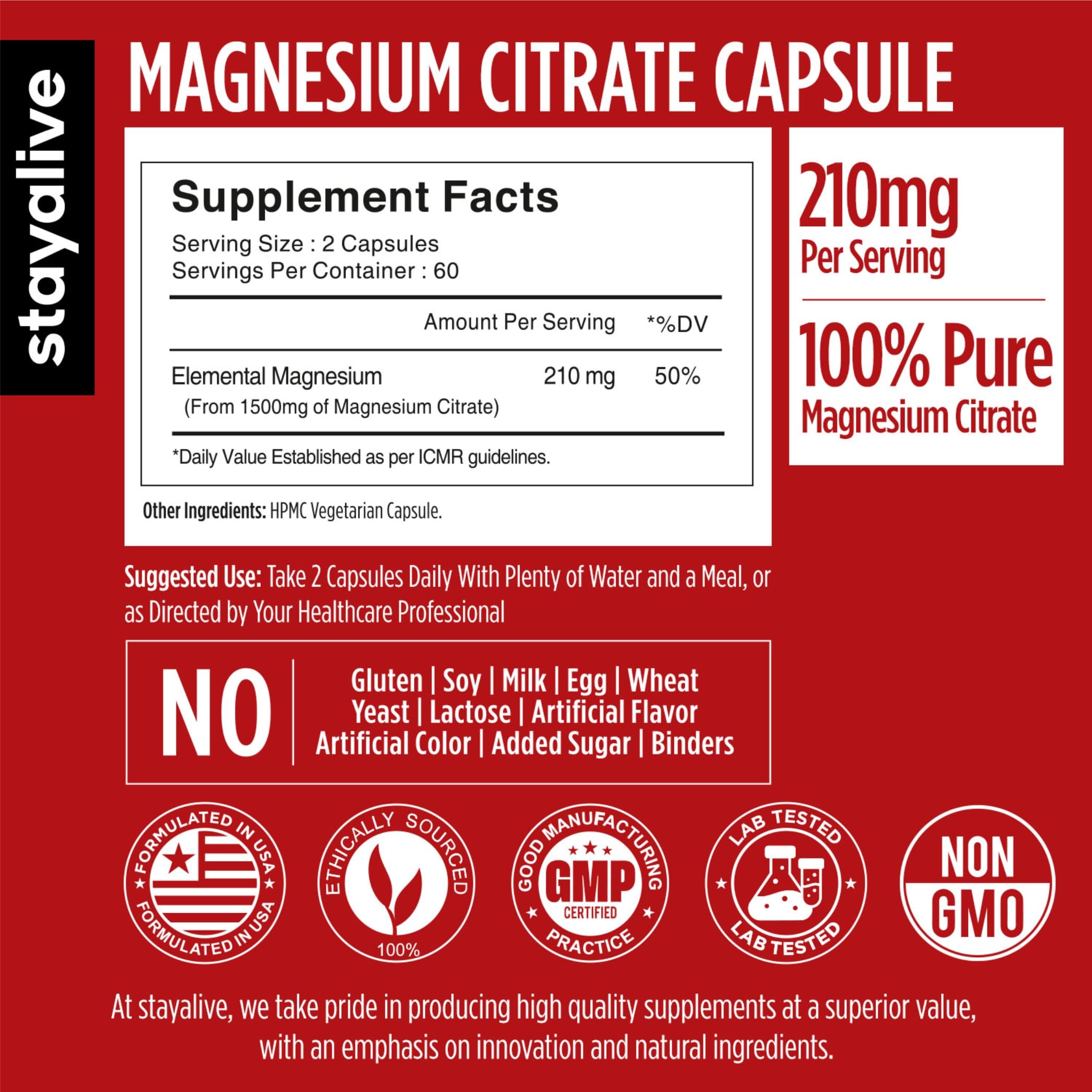 STAY ALIVE Magnesium Citrate Supplement | High Absorption Chelated Magnesium Supplement | Supports Muscle Recovery, Sleep, Bone Health & Energy Production | Non-GMO & Gluten-Free | 120 Capsules