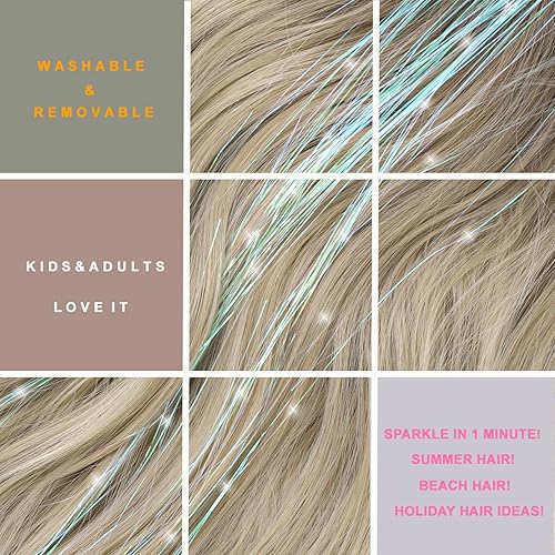 Miniatura 10 de Extensiones de cabello con purpurina de 23.6 pulgadas con 6 clips de color rosa brillante para niñas, mujeres, niños, oropel resistente al calor