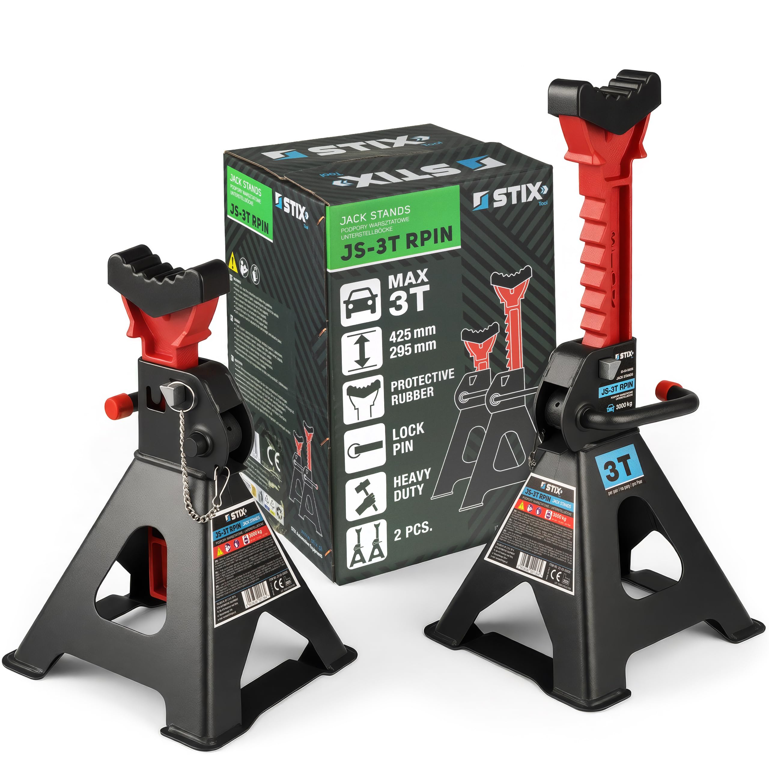 Stix Soportes de Taller JS-3T RPIN con Almohadillas de Goma y pasadores de Seguridad - Caballete para Vehiculos - Capacidad de Elevación 3T - 2 par (4 Piezas) - Ajustable en la Gama 295-425 mm