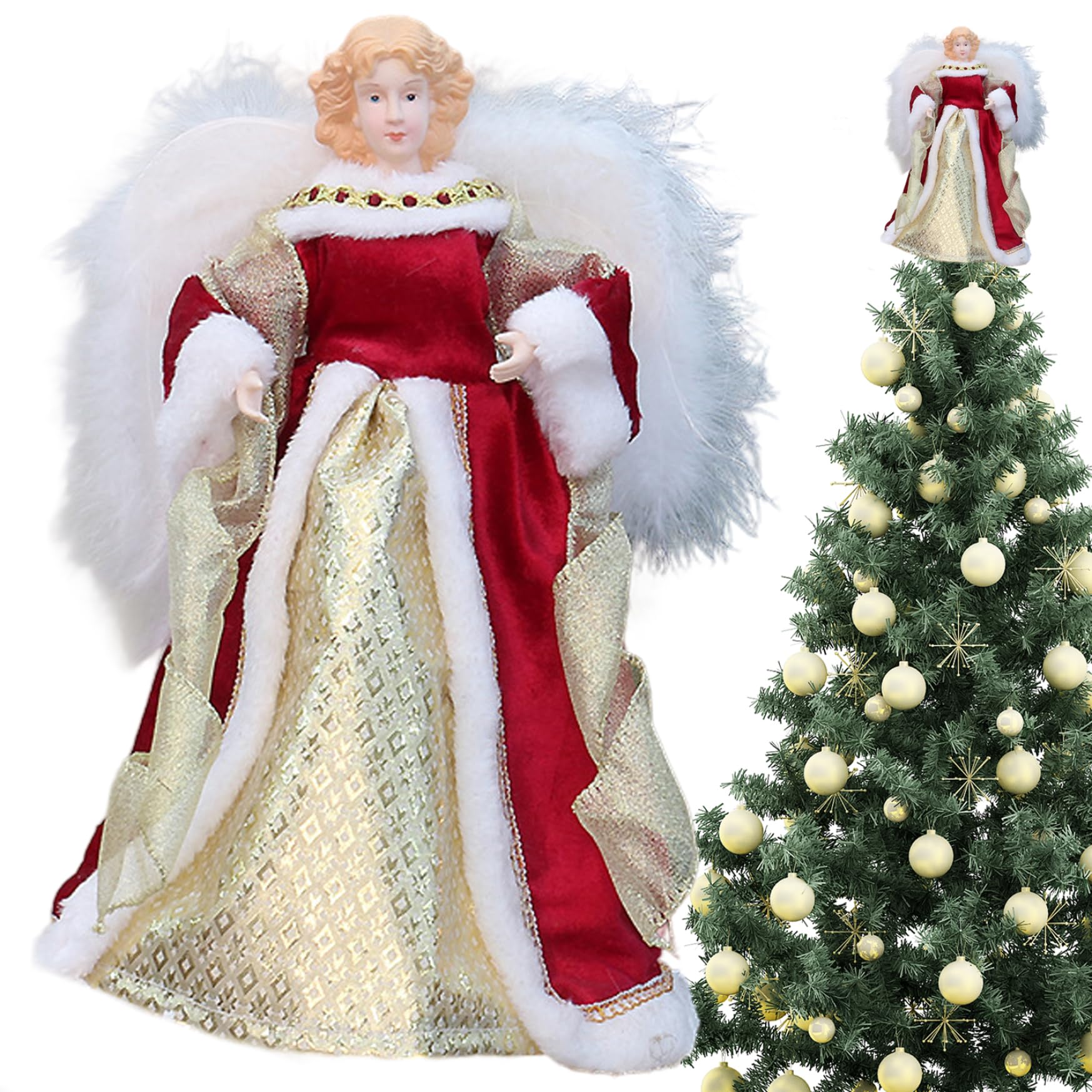 Adorno para árbol de Navidad con Forma de ángel, Adorno para árbol de ángel Rojo y Dorado de 11, 8 Pulgadas con ala emplumada para decoración navideña del hogar.