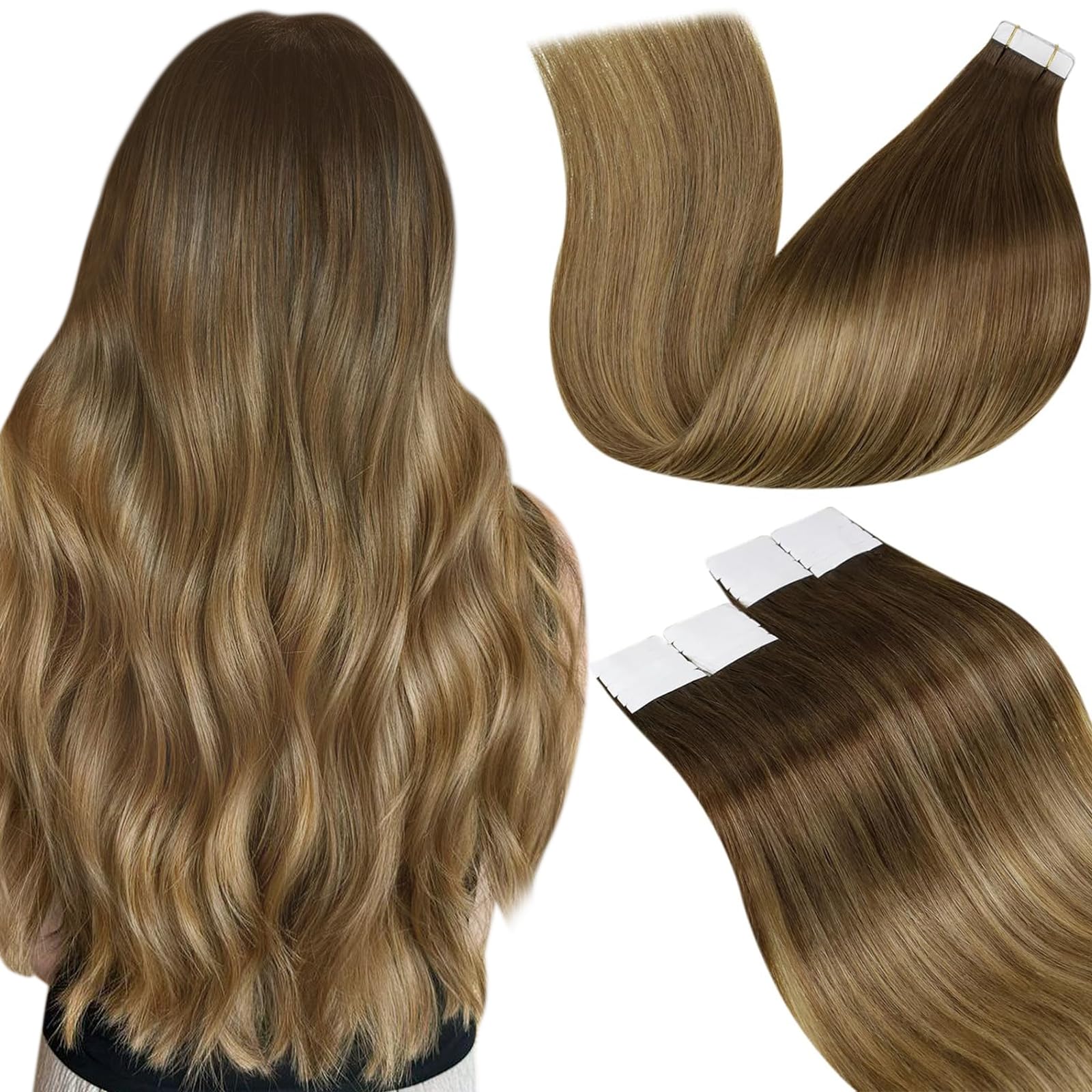 LaaVoo Tape in Hair Extensions Human Hair 50g Tape Hair Extensions Real Human Hair Invisible Tapes Remy Straight Balayage Brown Shadows Hair Double Sided Tabs 20pcs 24 Inch #6/8/14