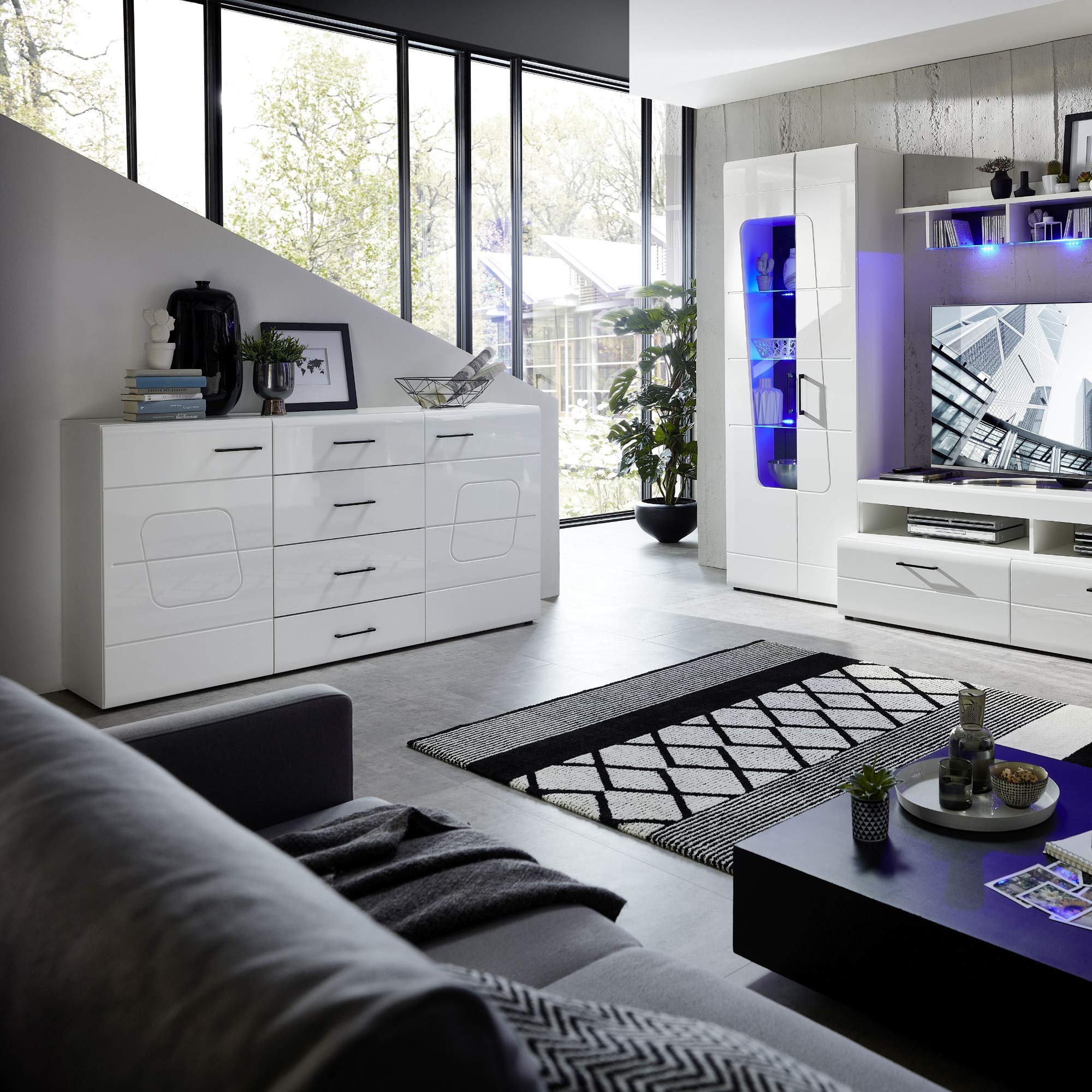 Stella Trading SPIRIT PLUS Sideboard in Hochglanz Weiß - Moderne Kommode mit viel Stauraum für Ihr Wohnzimmer - 170 x 94 x 42 cm (B/H/T)
