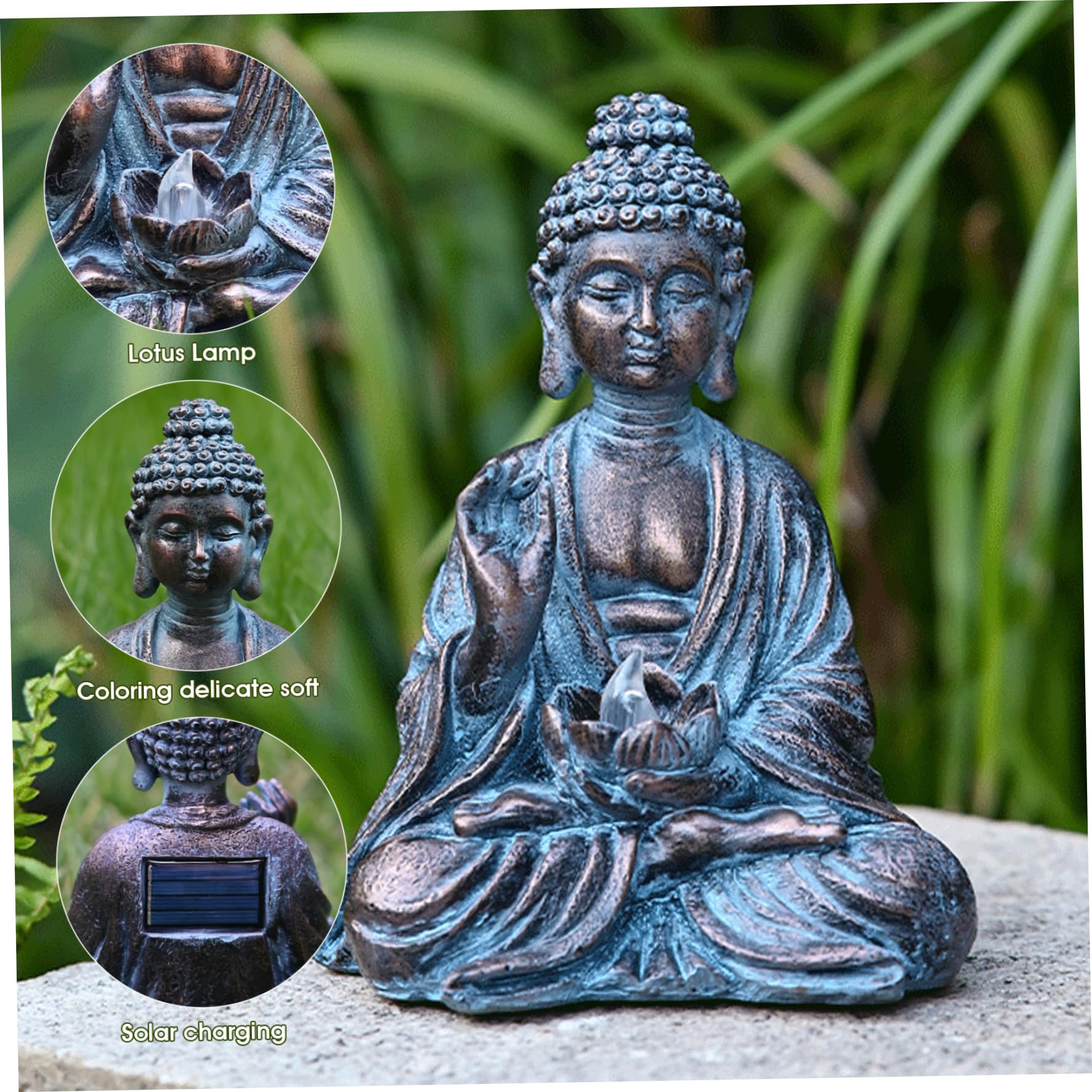 Statua di Buddha Solare, Scultura Zen all'aperto con Luce di Loto a LED, Statua da Giardino in Resina per Giardino, 5, 9x4, 3x7, 7 Pollici