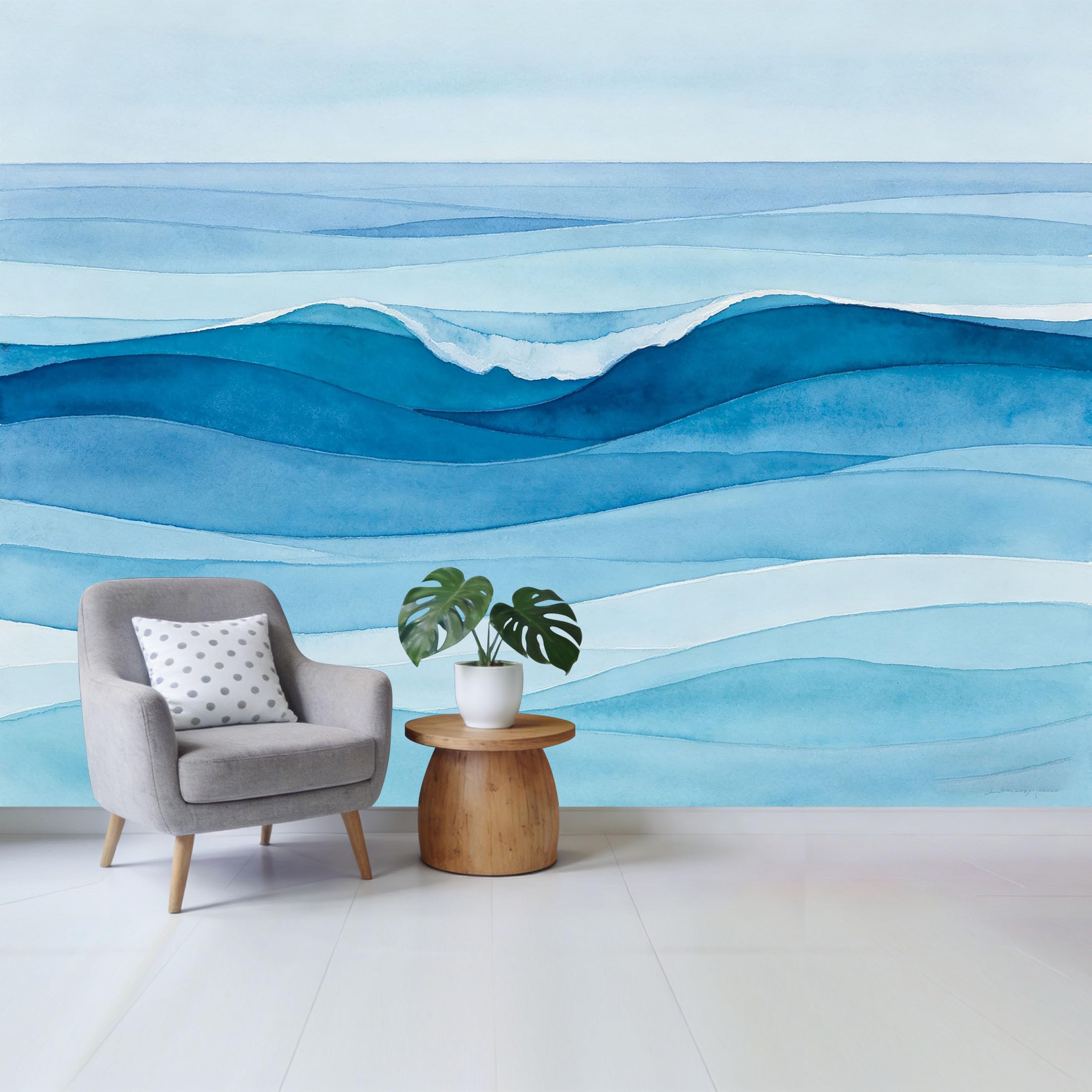 Qzlithotic Yq2605251158 Custom Size Wall Mural Blue Ocean Wave Watercolor Minimalist Abstract Seascape Selfadhesive Wall Fabric Removable Wallpaper For Home Office Decor