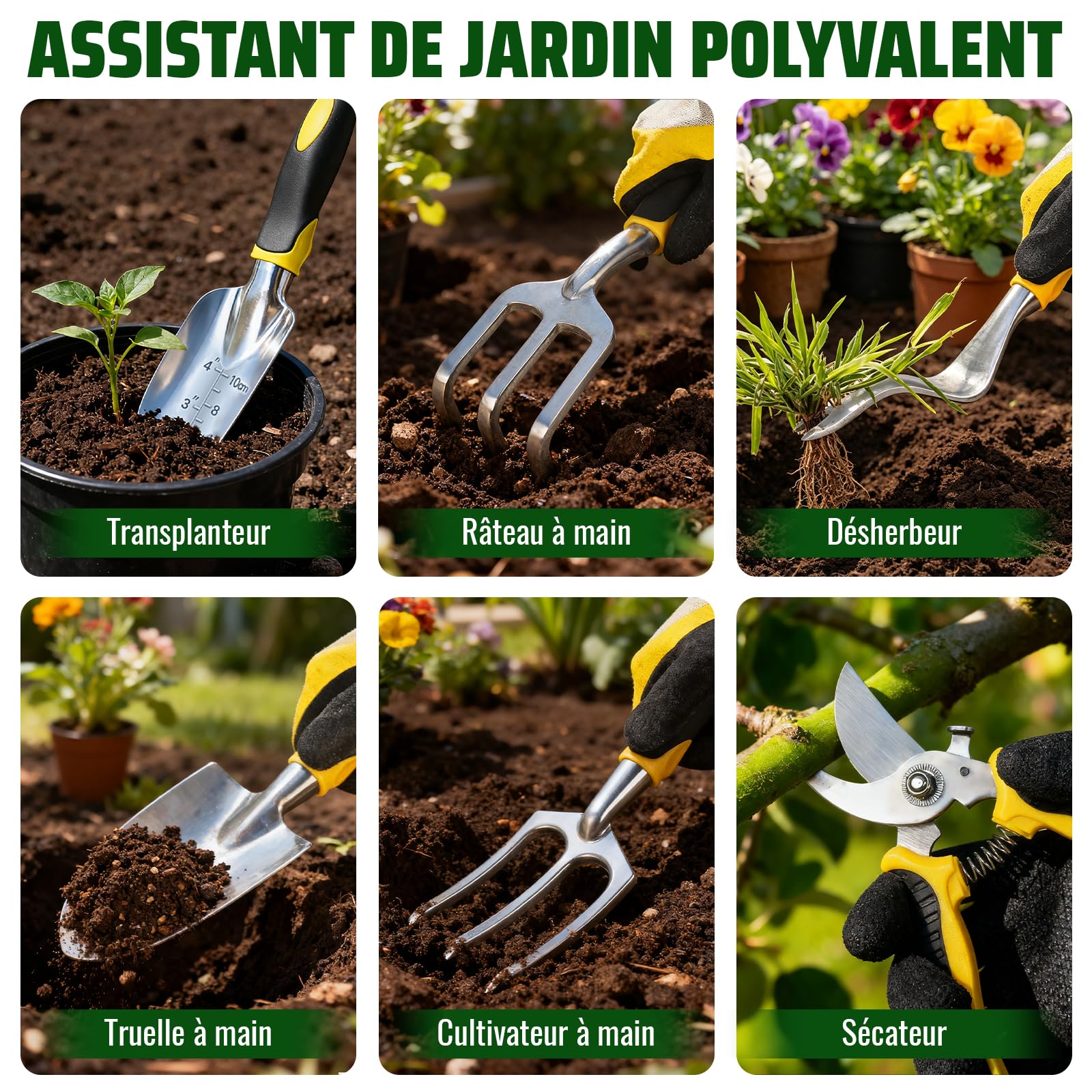 Kit Outils de Jardinage 8 Pièces, Sécateur et Truelle en INOX | Manche Antidérapant, Sac de Rangement, Gants, Râteaux et Désherbeur pour Plantation, Entretien de Fleur et Potager