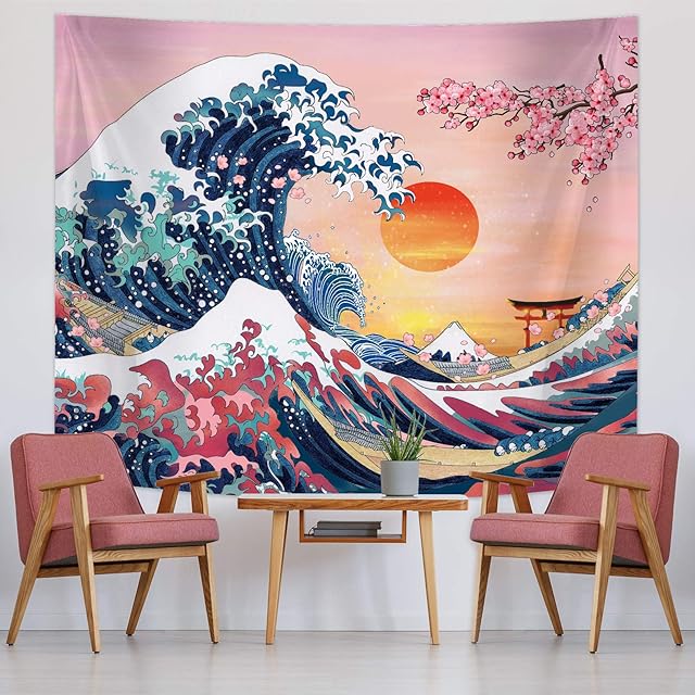 The Great Wave Tapestry Japanese Ocean Wave Wall Decorations Cherry Blossom Tree Backdrop Sunset Tapestry Wall Hanging Kanagawa Tapestry for Japanese Party Home Decorations (59 x 51 Inch)