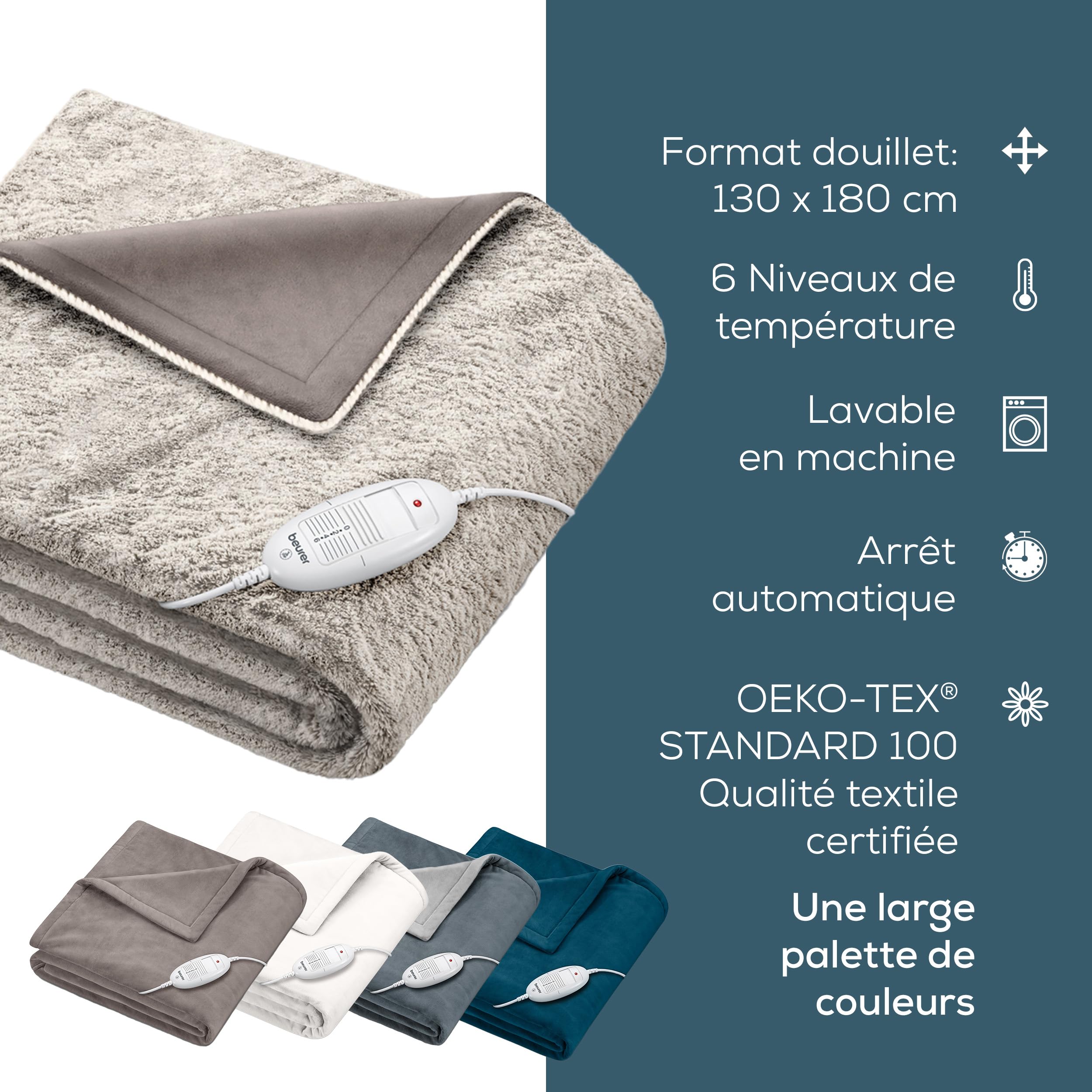 Beurer HD 75 Couverture chauffante Nordic, aspect fourrure synthétique, avec 6 niveaux de température, lavable en machine (30°C), couverture chauffante avec arrêt automatique, beige/marron, 180x130 cm