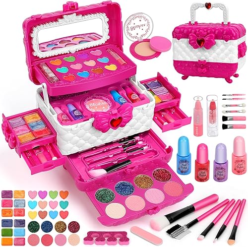 Kit de maquillaje para niños para niñas, juguetes para niñas de 3, 4, 5, 6, 7, 8, 9, 10, 54 piezas de juguetes de maquillaje reales lavables para