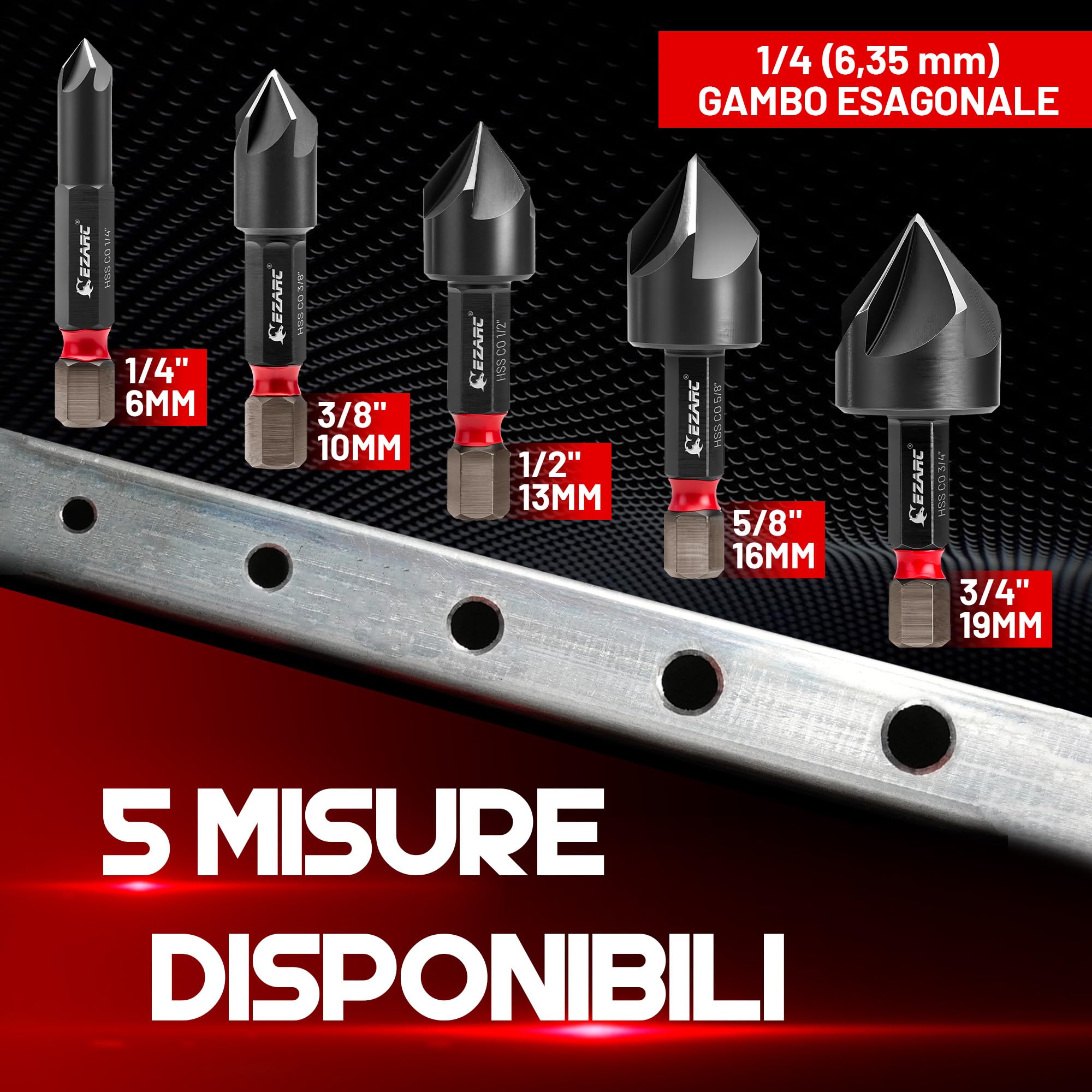 EZARC Set di punte da trapano per svasatura in ossidiana, per metallo duro, punta da trapano con rivestimento in nitruro di alluminio e titanio con gambo esagonale da 1/4", design a 5 scanalature, 1/4