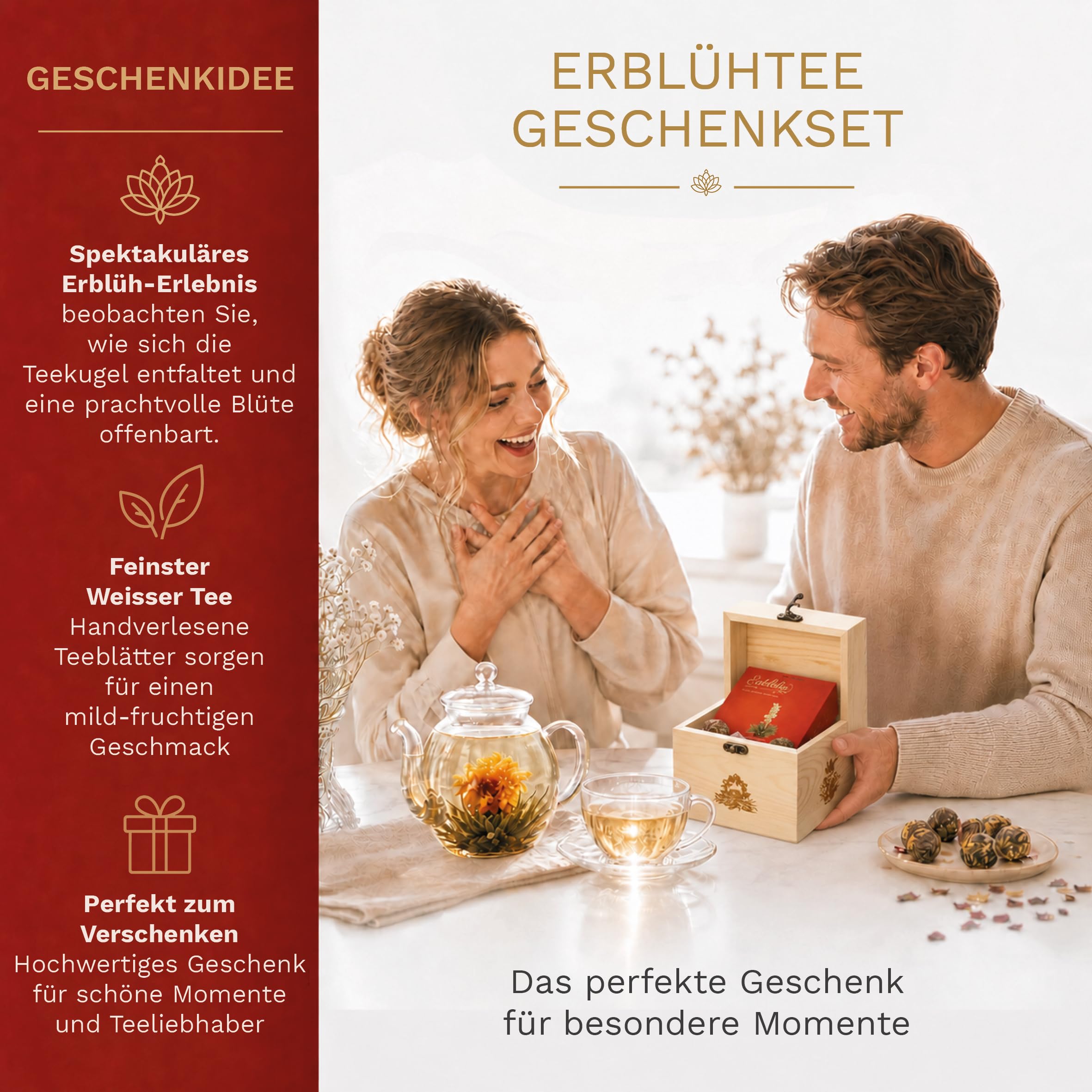 Creano Teeblumen-Mix Geschenkset mit 500ml Teekanne in edler Holzbox mit 6 verschiedenen Sorten ErblühTee (Weißer Tee)